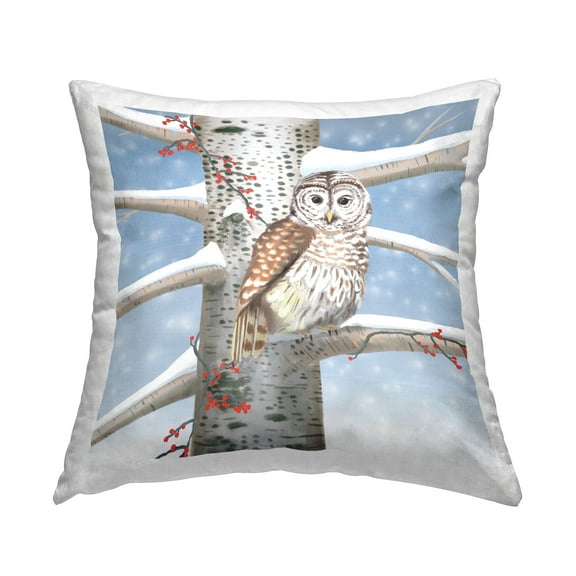 Stupell Industries Owl Perched Snowy Birch Tree Scene Square Decorative Printed Throw Pillow, 18 x 18,
