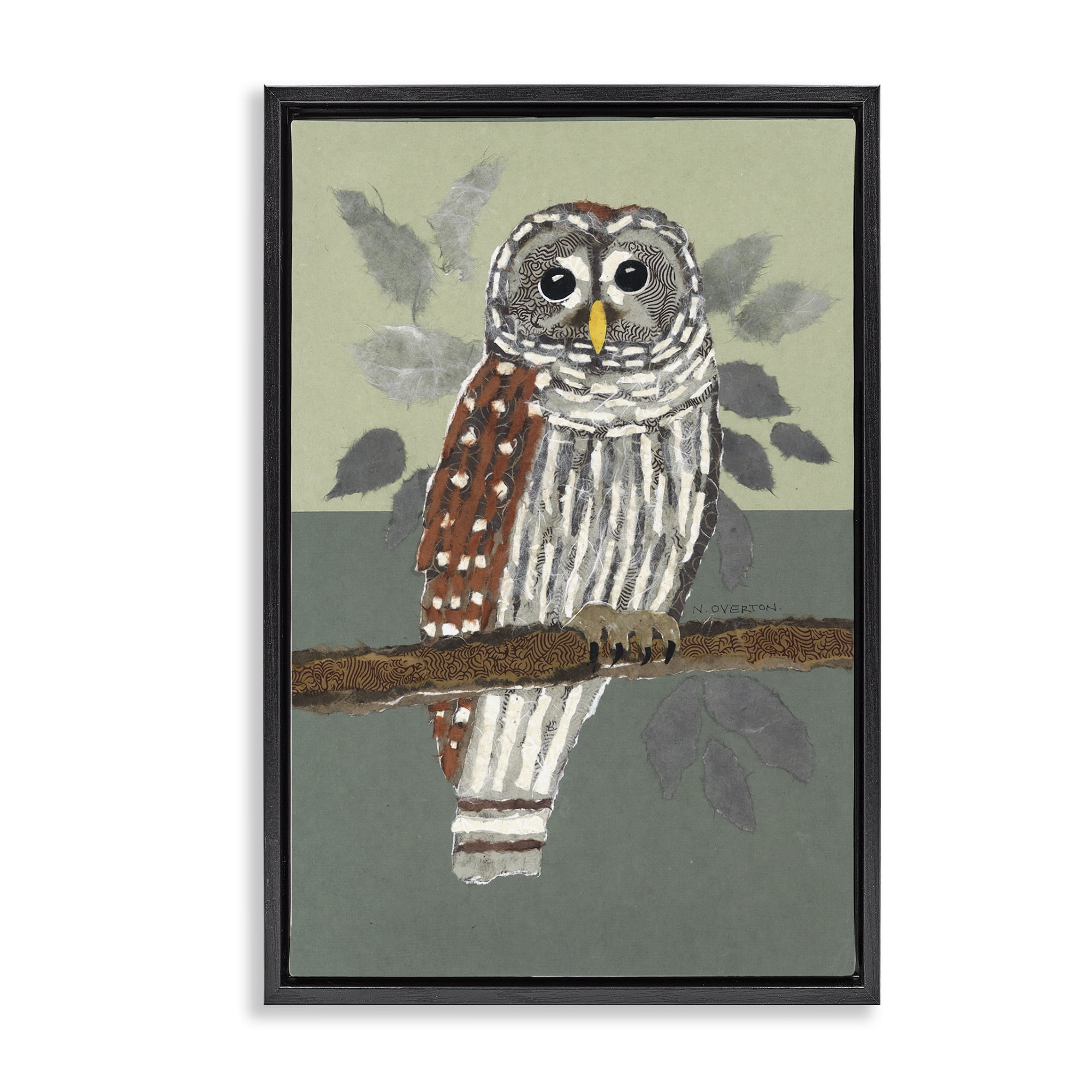 Stupell Industries Owl Perched Tree Branch Animals & Insects Painting Black Floater Framed Canvas Art Print Wall Art, 21 x 31
