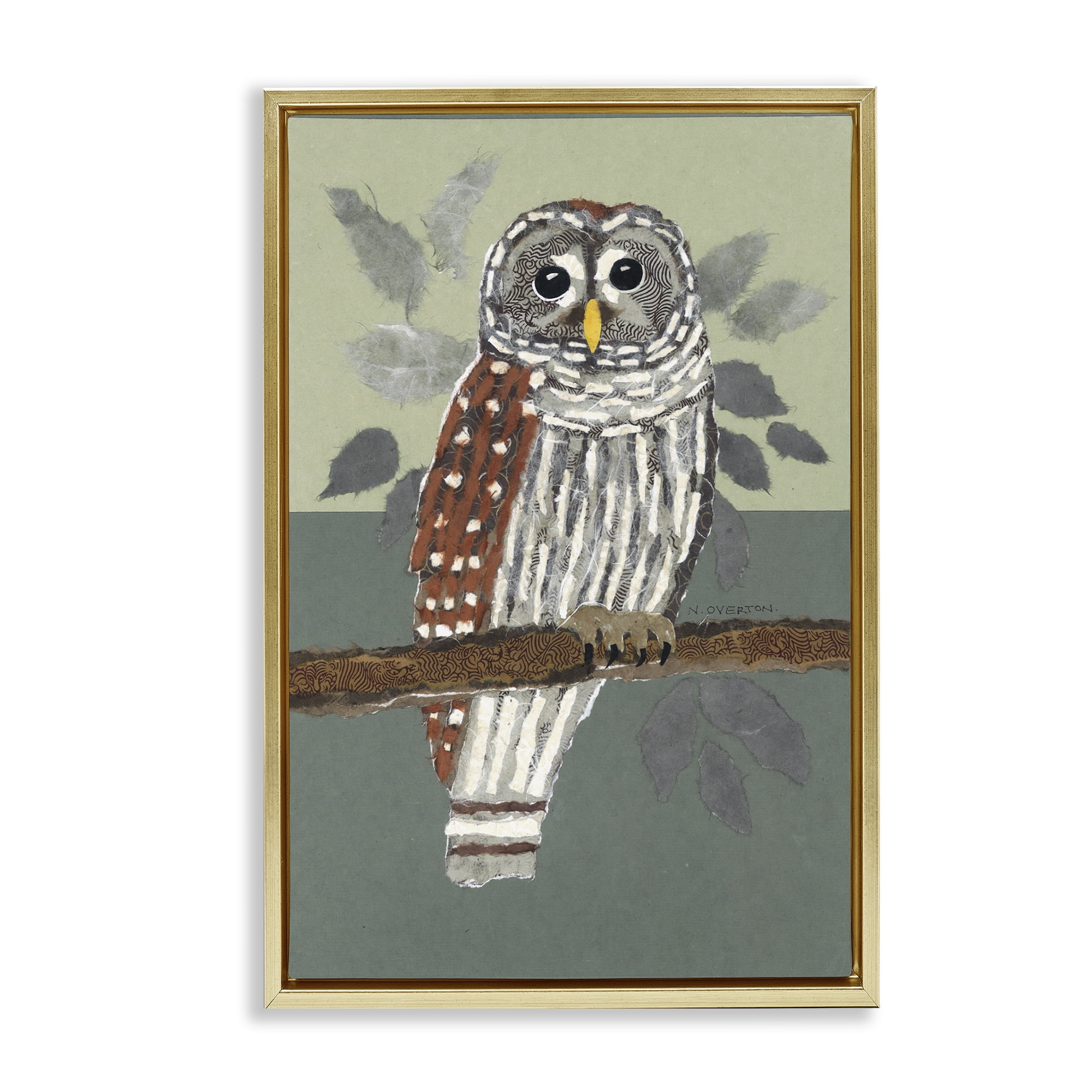 Stupell Industries Owl Perched Tree Branch Animals & Insects Painting Gold Floater Framed Canvas Art Print Wall Art, 21 x 31