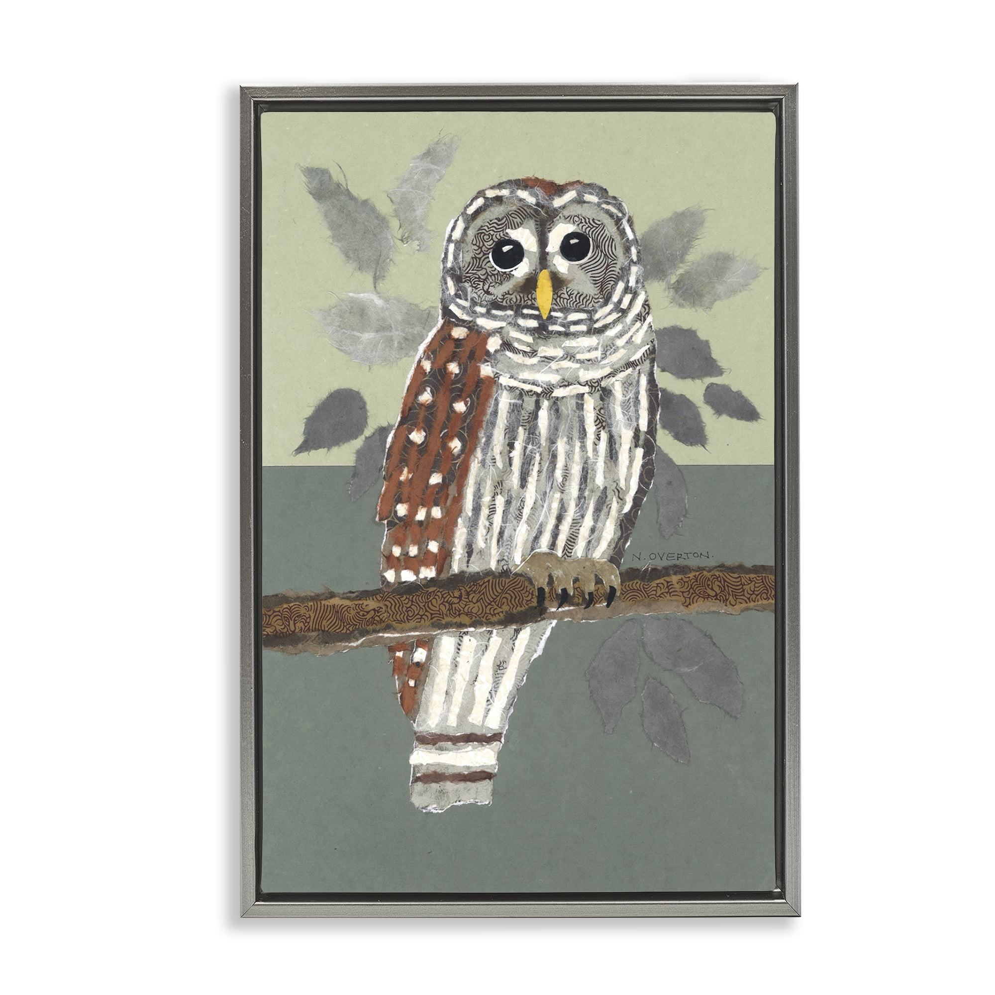 Stupell Industries Owl Perched Tree Branch Animals & Insects Painting Gray Floater Framed Canvas Art Print Wall Art, 21 x 31