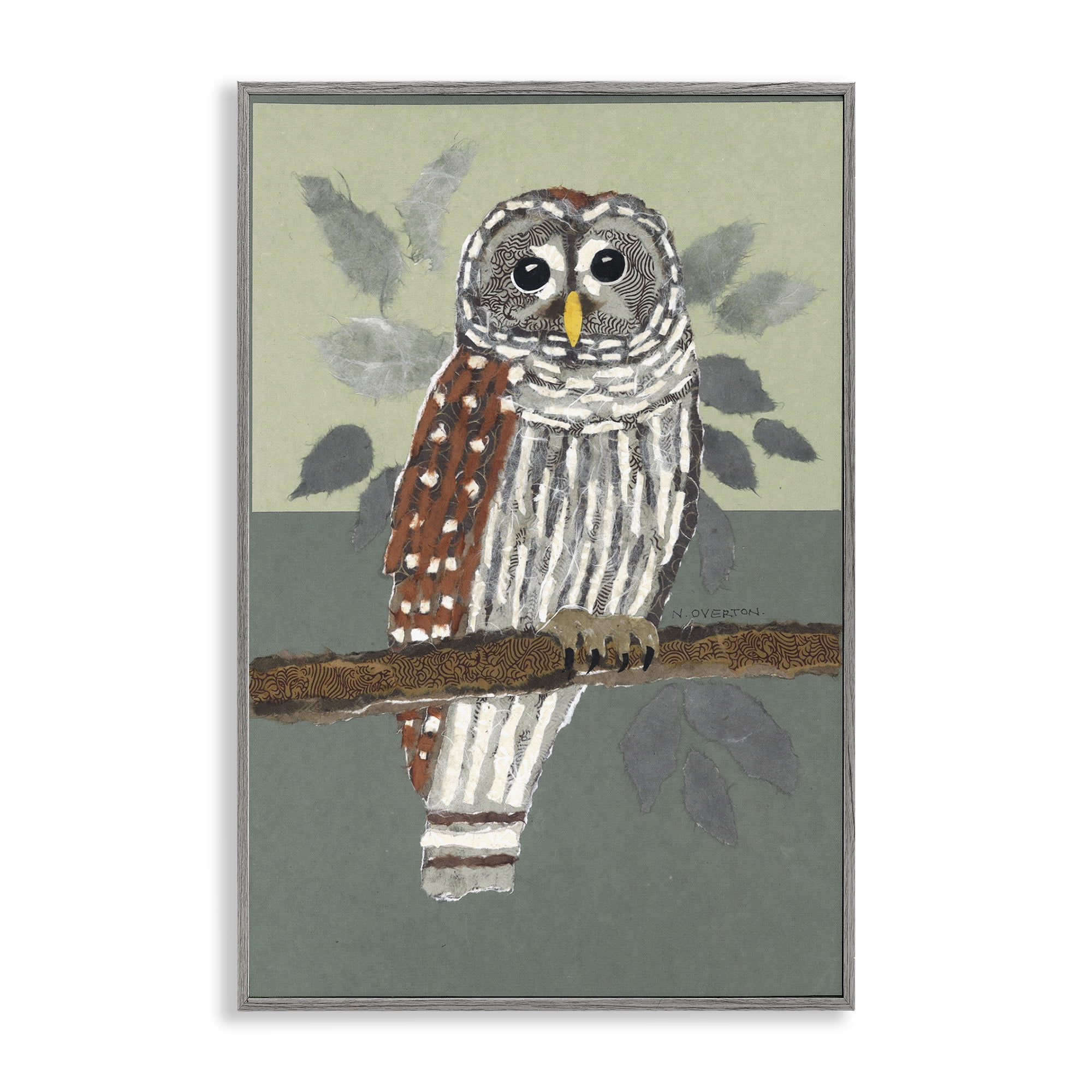Stupell Industries Owl Perched Tree Branch Animals & Insects Painting Gray Framed Art Print Wall Art, 12 x 18