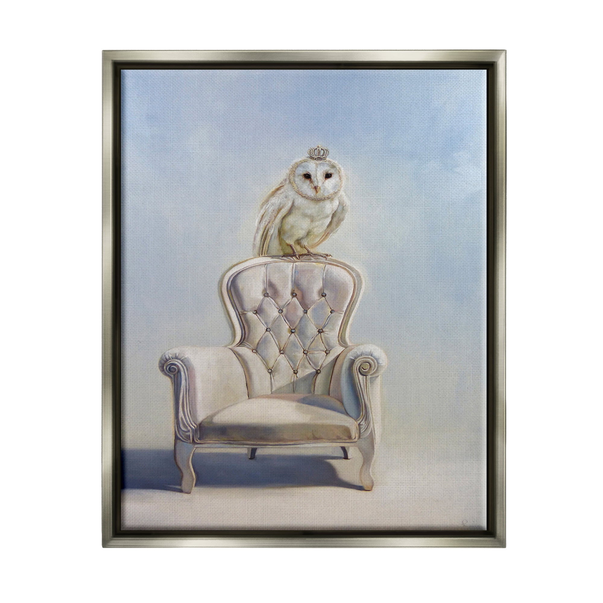 Stupell Industries Owl Perched in Crown Animals & Insects Painting Gray Floater Framed Canvas Art Print Wall Art, 17 x 21