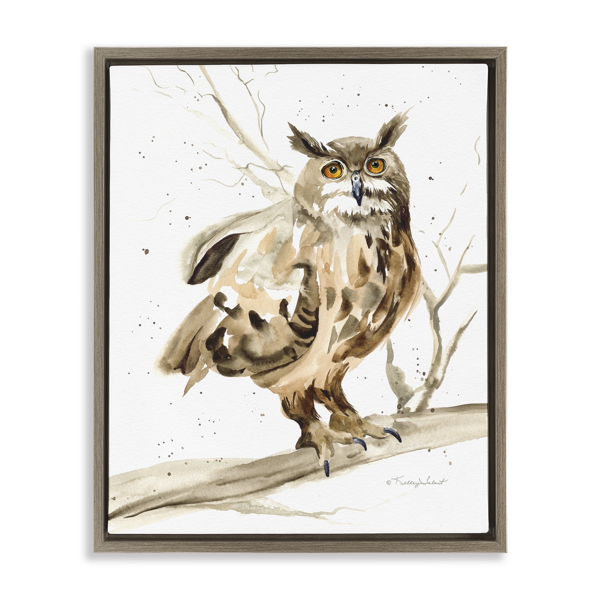 Stupell Industries Owl Perched in Tree Animals & Insects Painting Brown Floater Framed Canvas Art Print Wall Art, 17 x 21