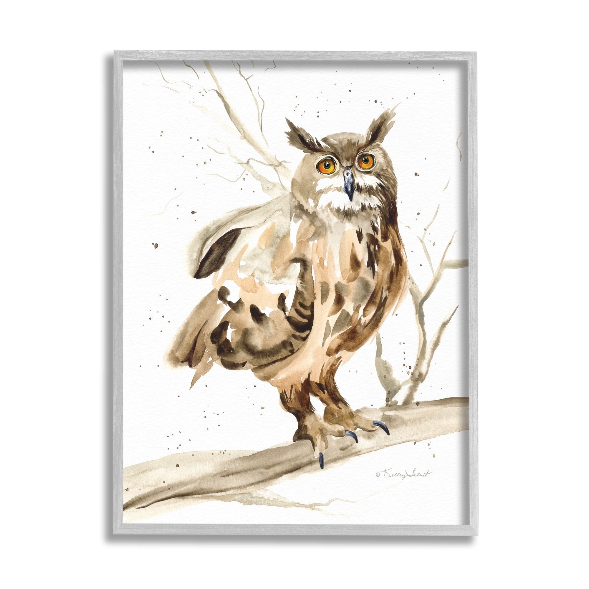 Stupell Industries Owl Perched in Tree Animals & Insects Painting Gray Framed Art Print Wall Art, 16 x 20
