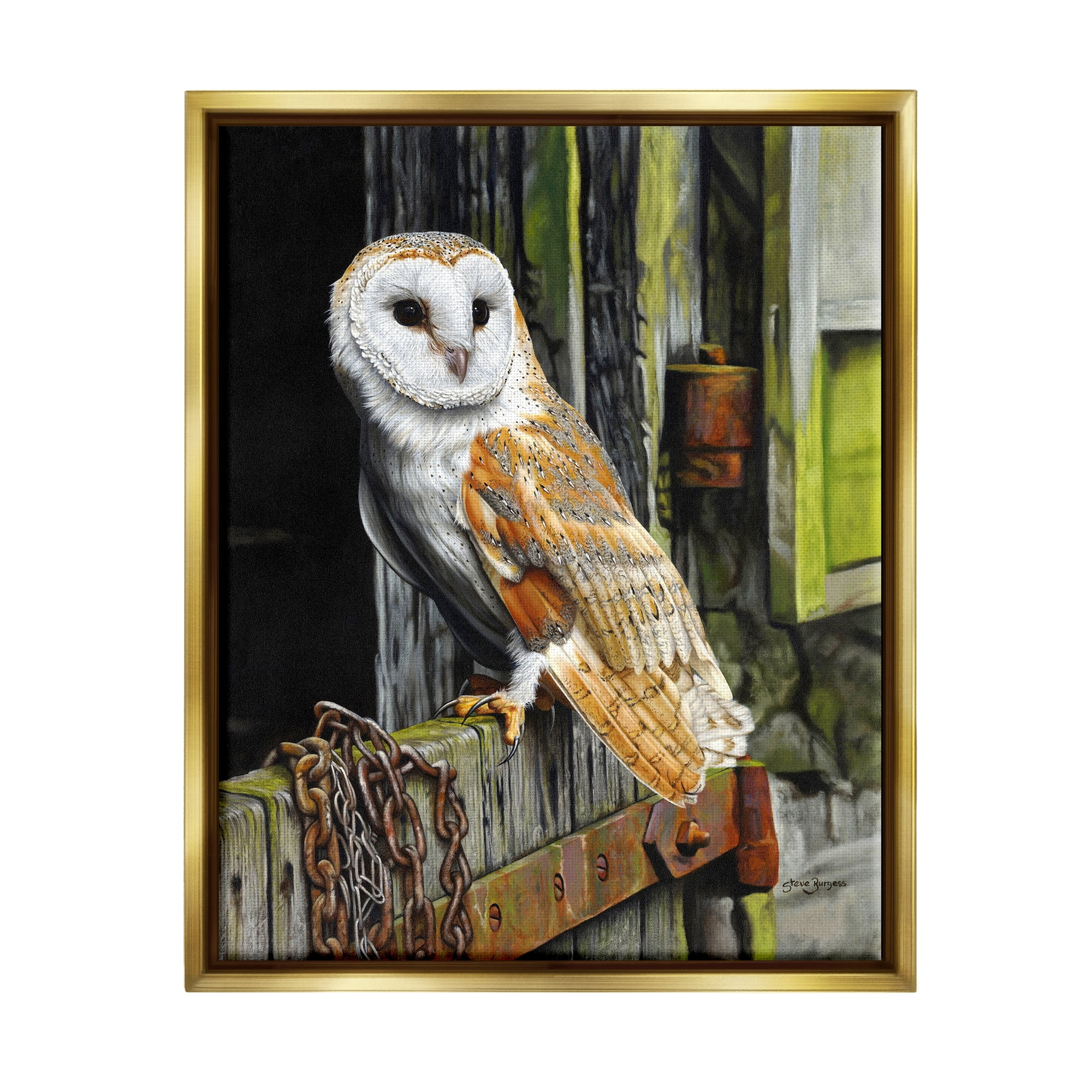 Stupell Industries Owl Perched on Barn Door Animals & Insects Painting Gold Floater Framed Art Print Wall Art, 25 x 31
