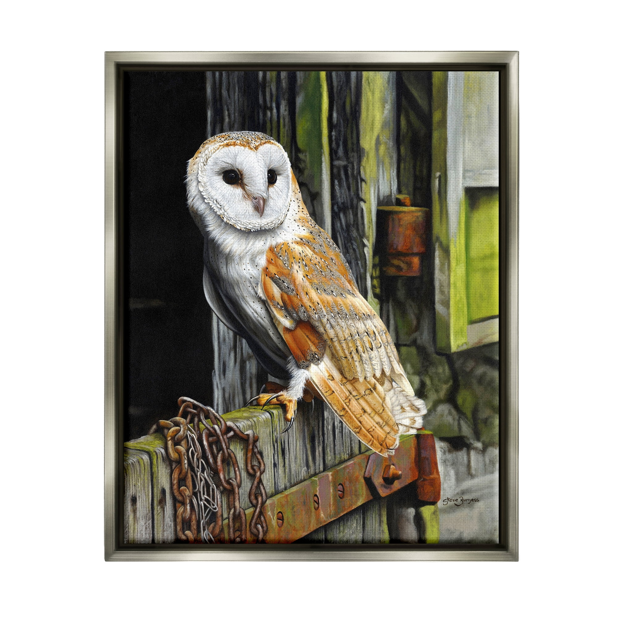 Stupell Industries Owl Perched on Barn Door Animals & Insects Painting Gray Floater Framed Art Print Wall Art, 17 x 21