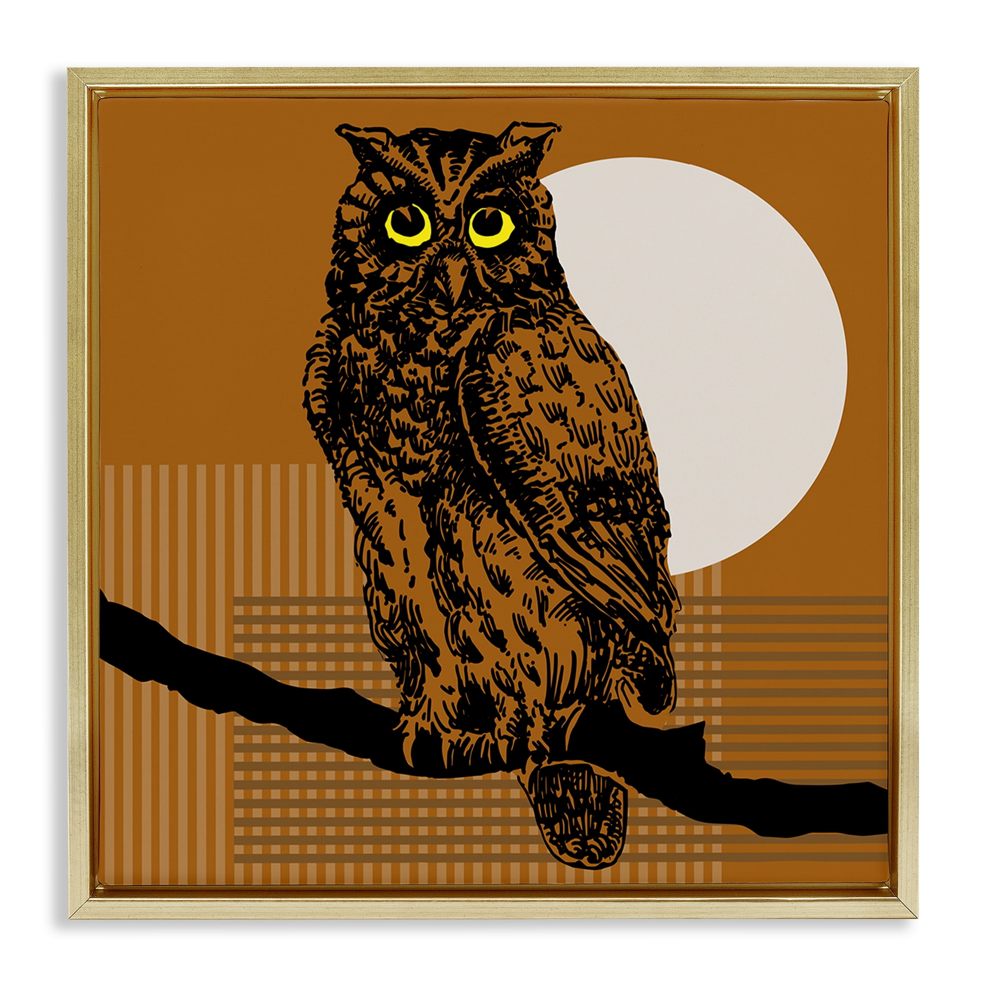 Stupell Industries Owl Perched with Moon Animals & Insects Painting Gold Floater Framed Canvas Art Print Wall Art, 18 x 18