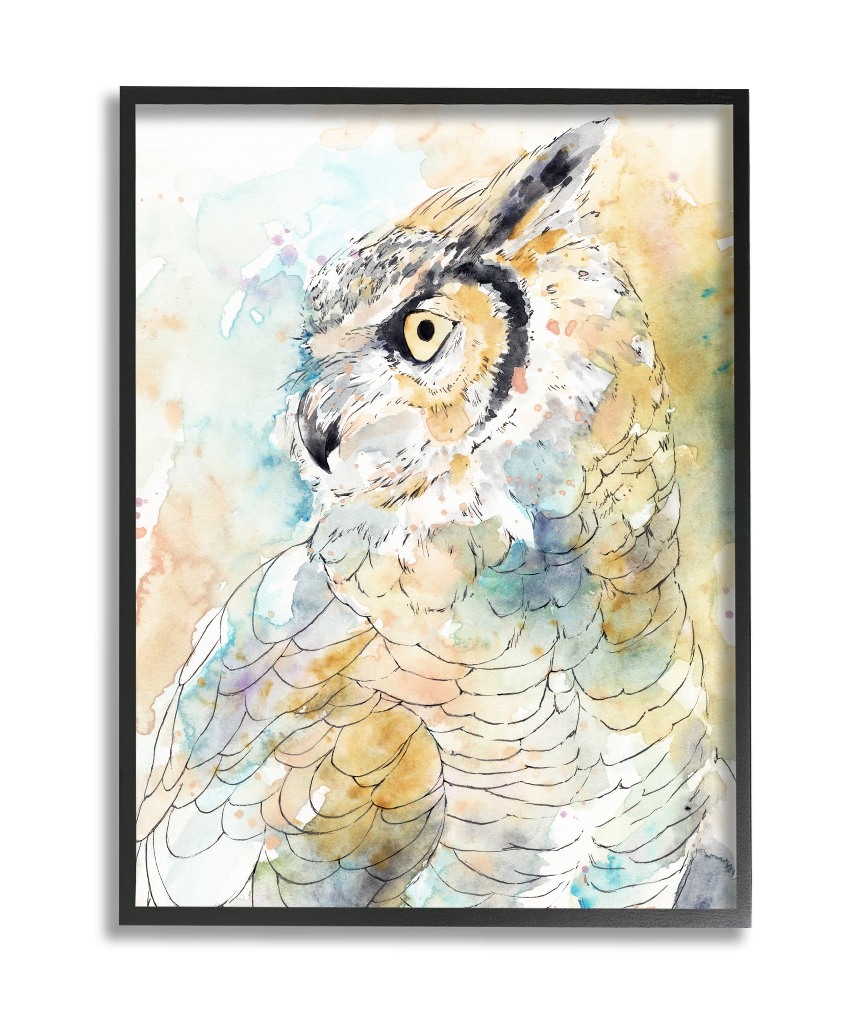 Stupell Industries Owl Side Eye Portrait Woodland Bird Watercolor Black Framed, 11 x 14, Design by Annie Warren