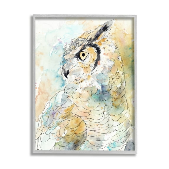 Stupell Industries Owl Side Eye Portrait Woodland Bird Watercolor Grey Framed, 16 x 20, Design by Annie Warren