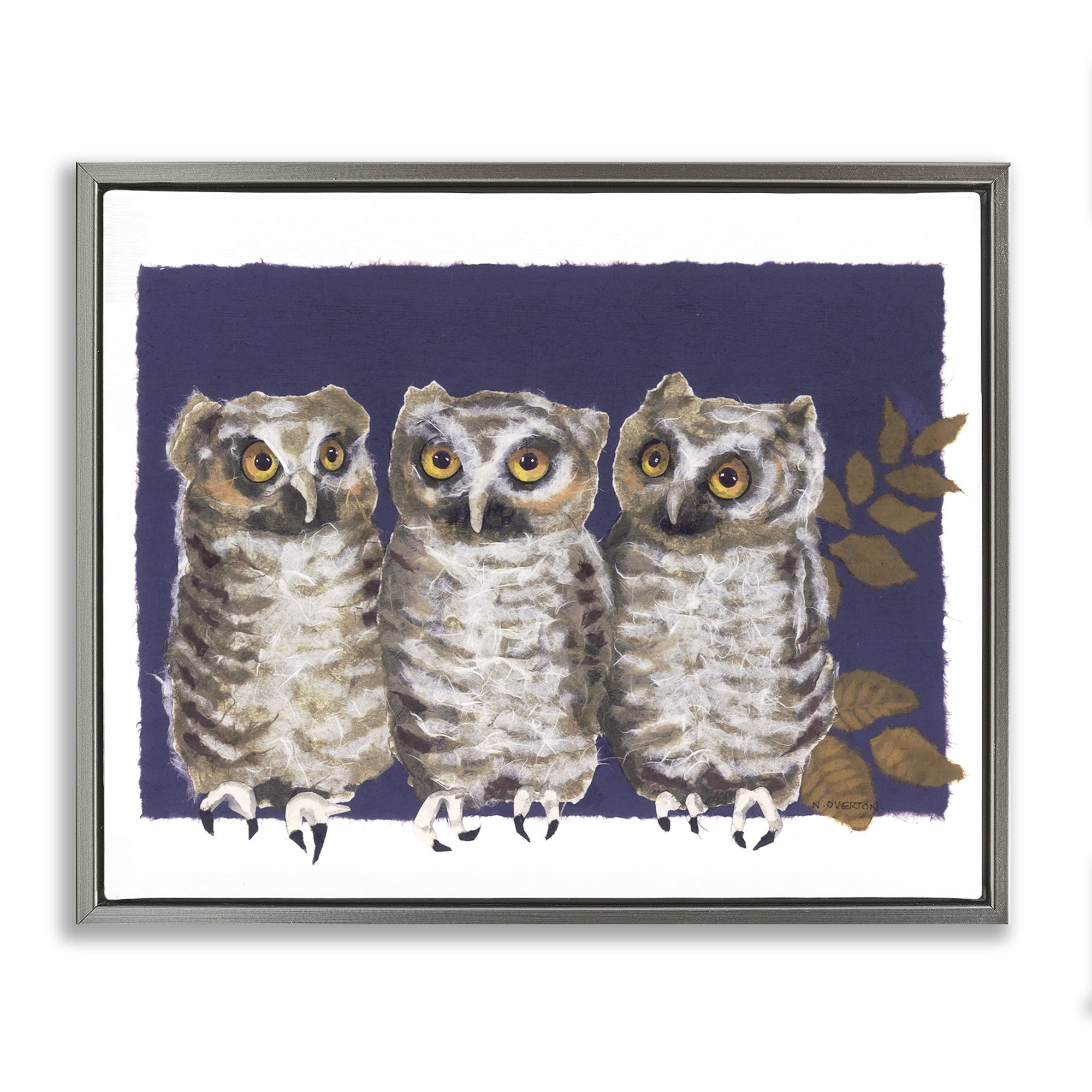 Stupell Industries Owl Trio & Leaves Animals & Insects Painting Gray Floater Framed Canvas Art Print Wall Art, 31 x 25