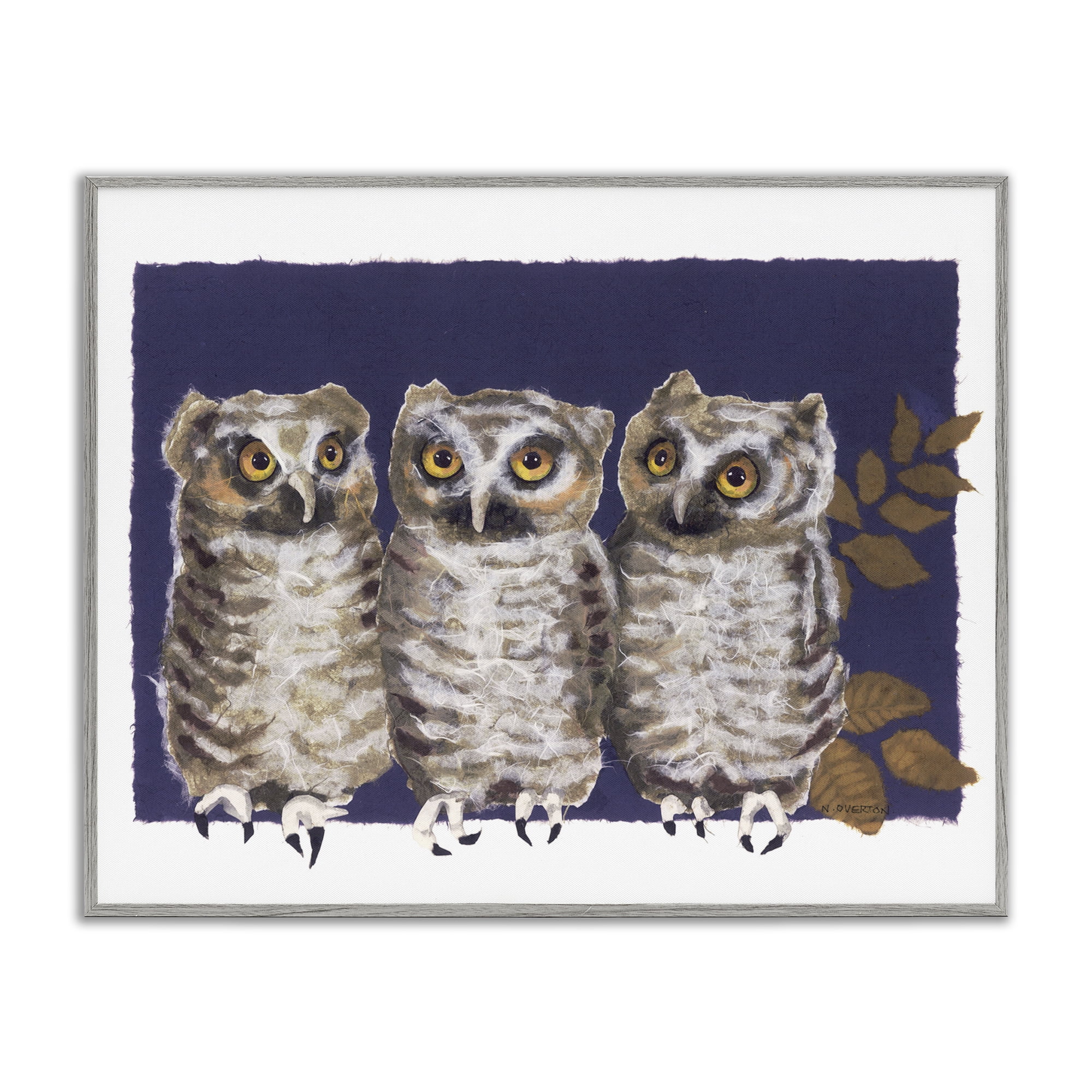 Stupell Industries Owl Trio & Leaves Animals & Insects Painting Gray Framed Art Print Wall Art, 14 x 11