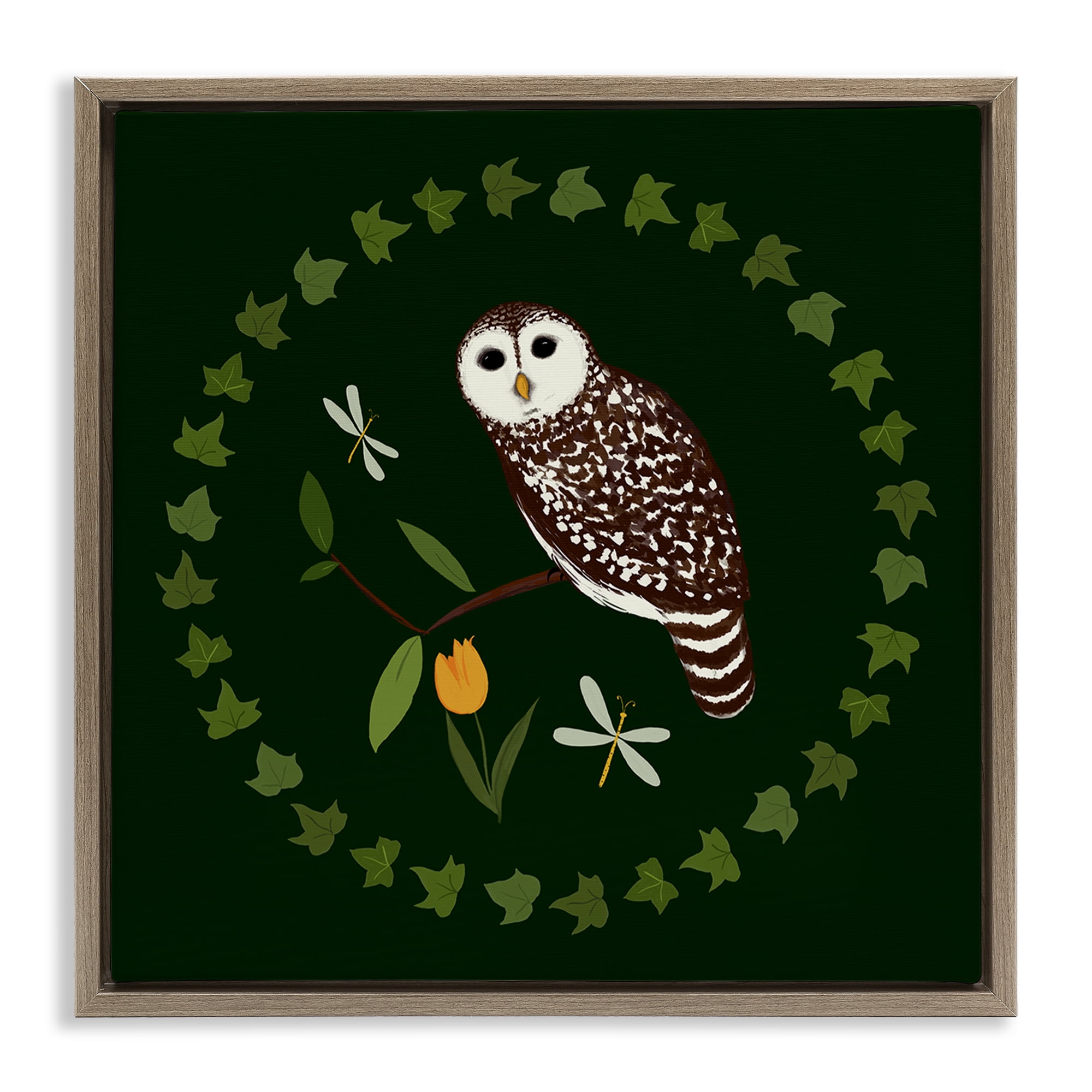 Stupell Industries Owl & Tulip Wreath Animals Painting Brown Floater Framed Canvas Art Print Wall Art, 18 x 18
