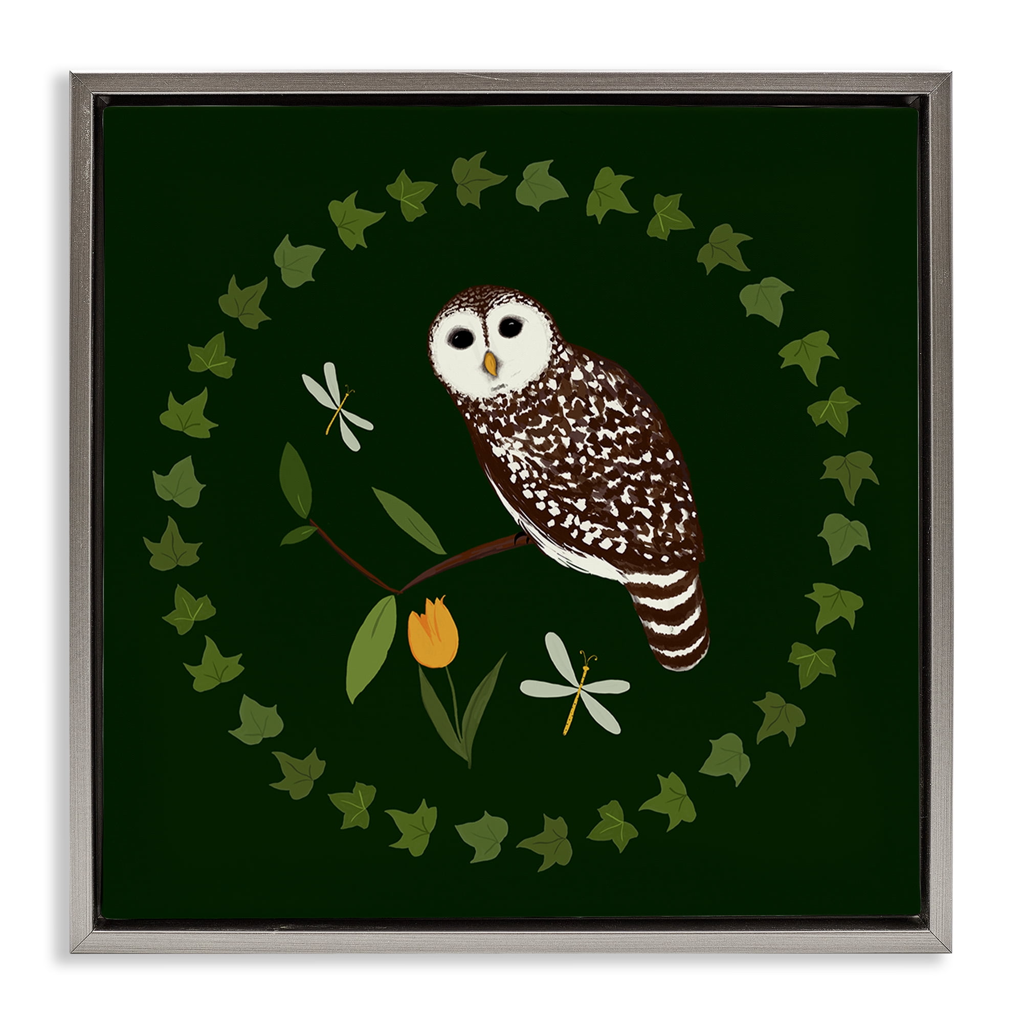 Stupell Industries Owl & Tulip Wreath Animals Painting Gray Floater Framed Canvas Art Print Wall Art, 18 x 18