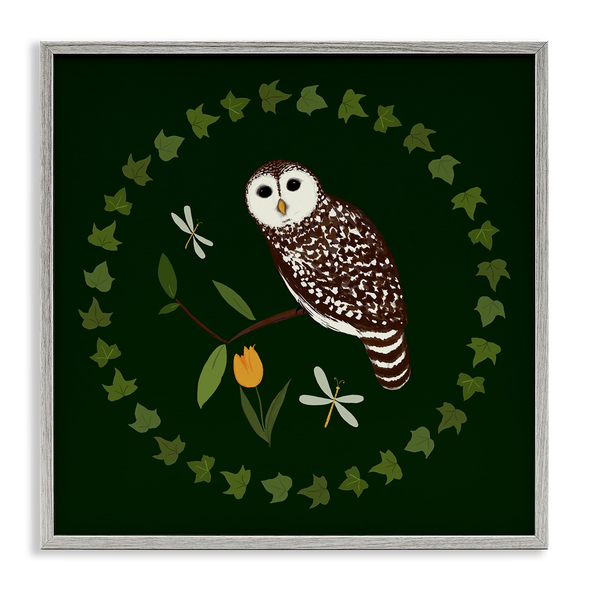 Stupell Industries Owl & Tulip Wreath Animals Painting Gray Framed Art Print Wall Art, 12 x 12