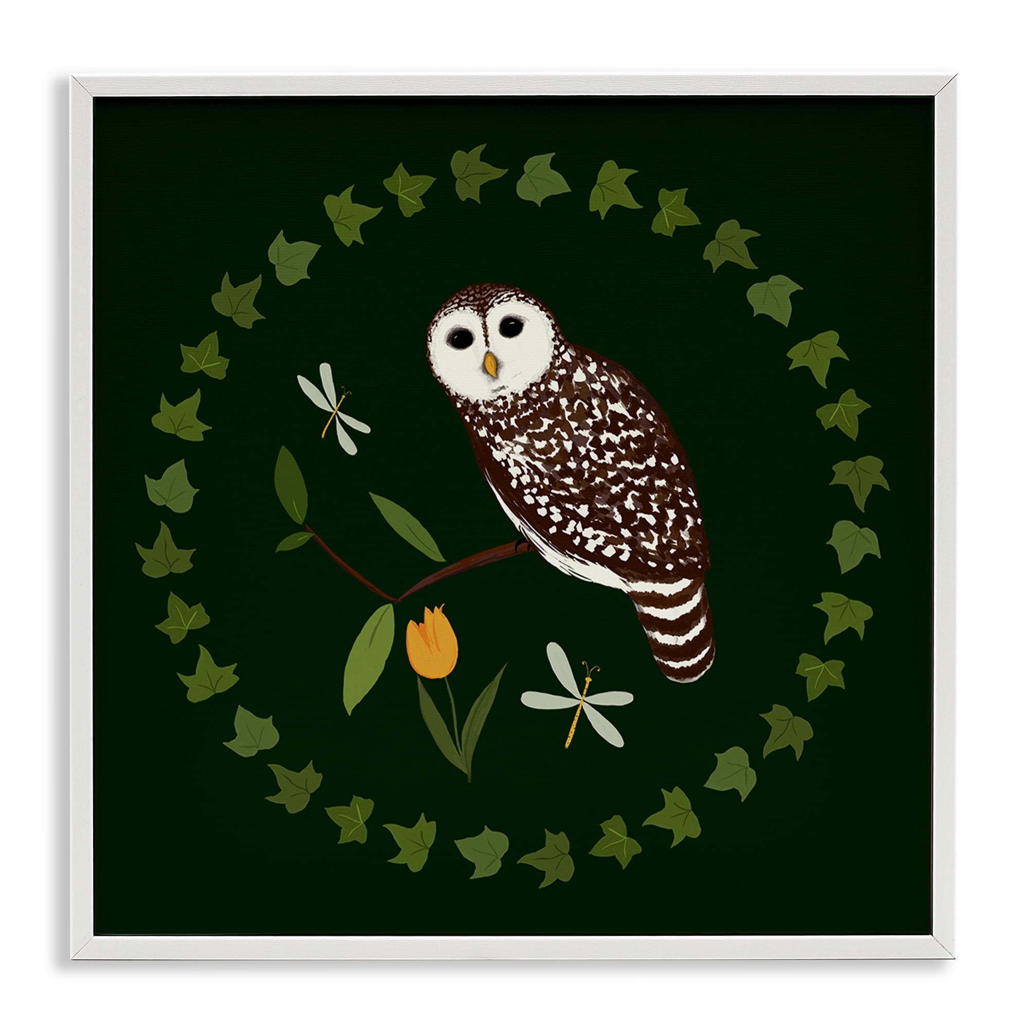 Stupell Industries Owl & Tulip Wreath Animals Painting White Framed Art Print Wall Art, 17 x 17