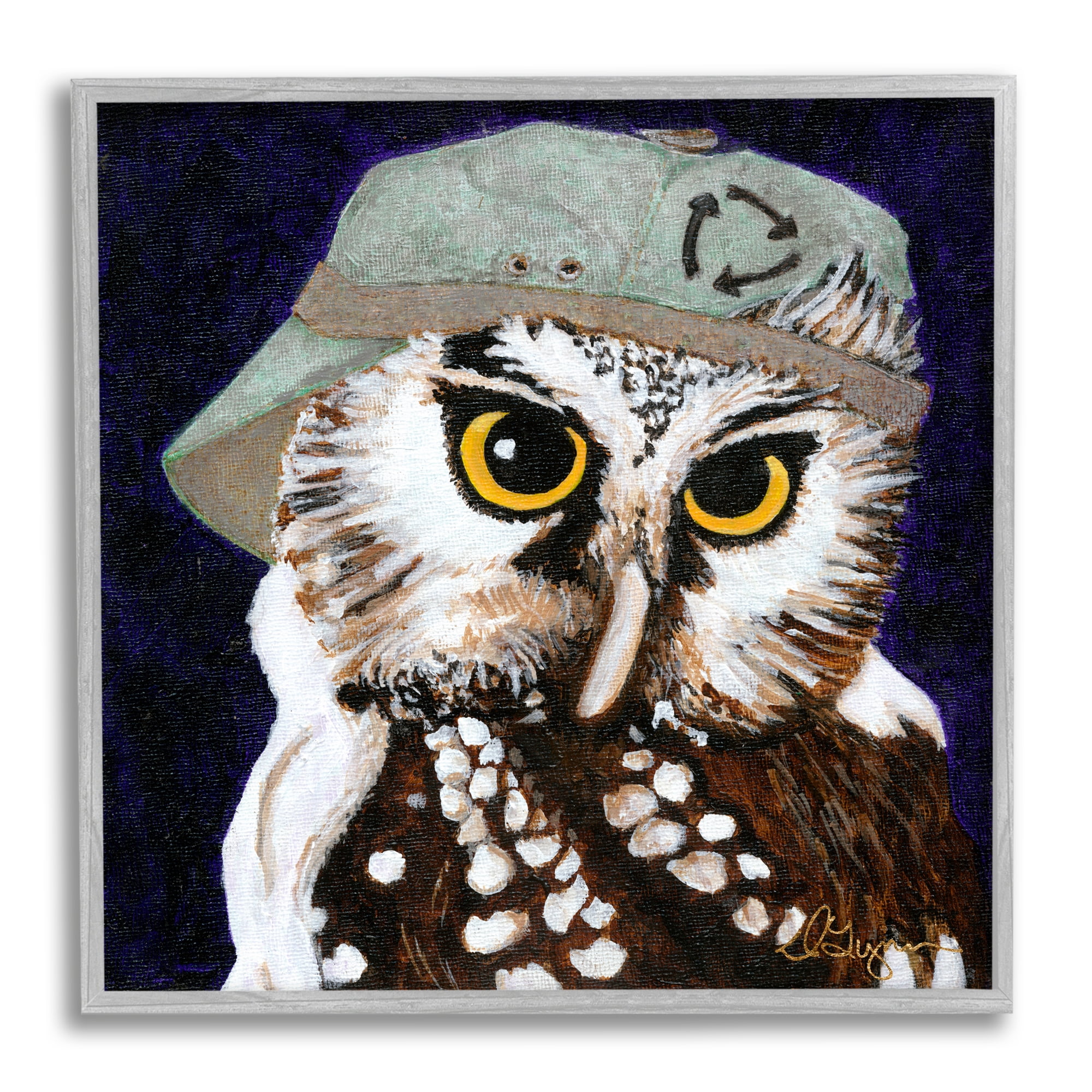 Stupell Industries Owl Wearing Hat Animals & Insects Painting Gray Framed Art Print Wall Art, 24 x 24