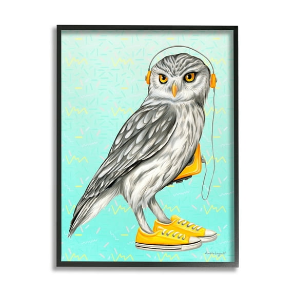 Stupell Industries Owl Wearing Yellow Sneakers Headphones Retro Pattern Graphic Art Black Framed Art Print Wall Art, Design by Amelie Legault