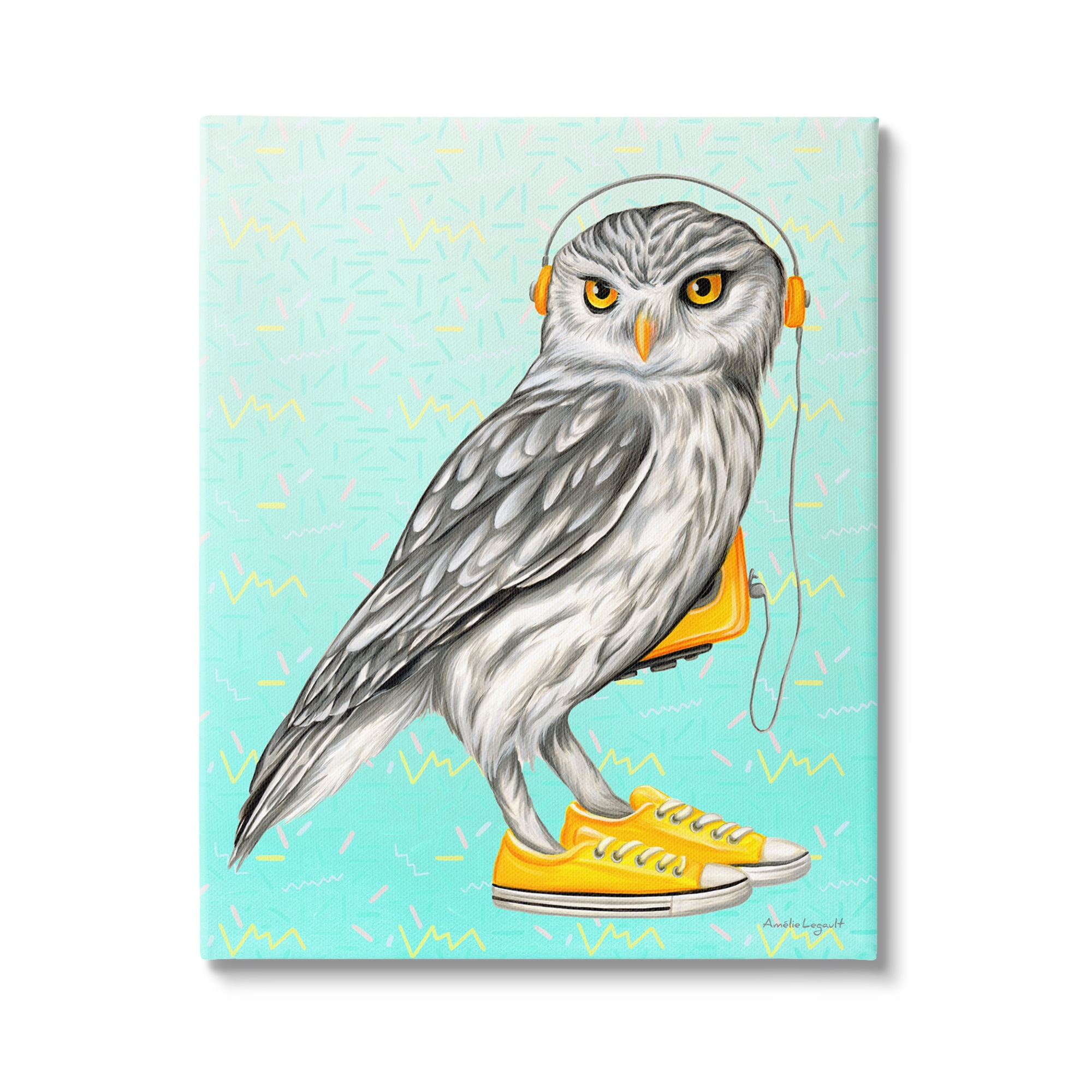 Stupell Industries Owl Wearing Yellow Sneakers Headphones Retro Pattern Graphic Art Gallery Wrapped Canvas Print Wall Art, Design by Amelie Legault
