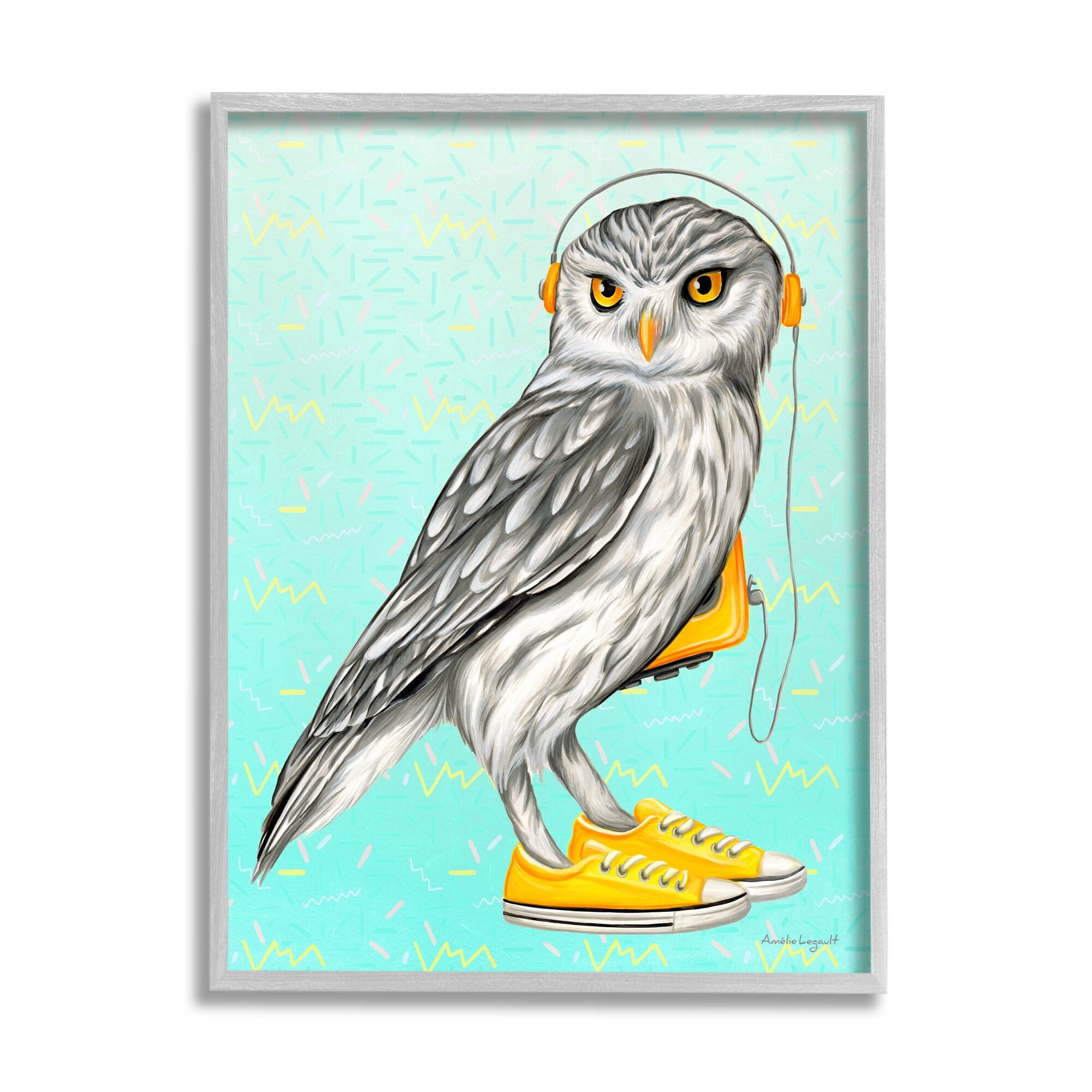 Stupell Industries Owl Wearing Yellow Sneakers Headphones Retro Pattern Graphic Art Gray Framed Art Print Wall Art, Design by Amelie Legault