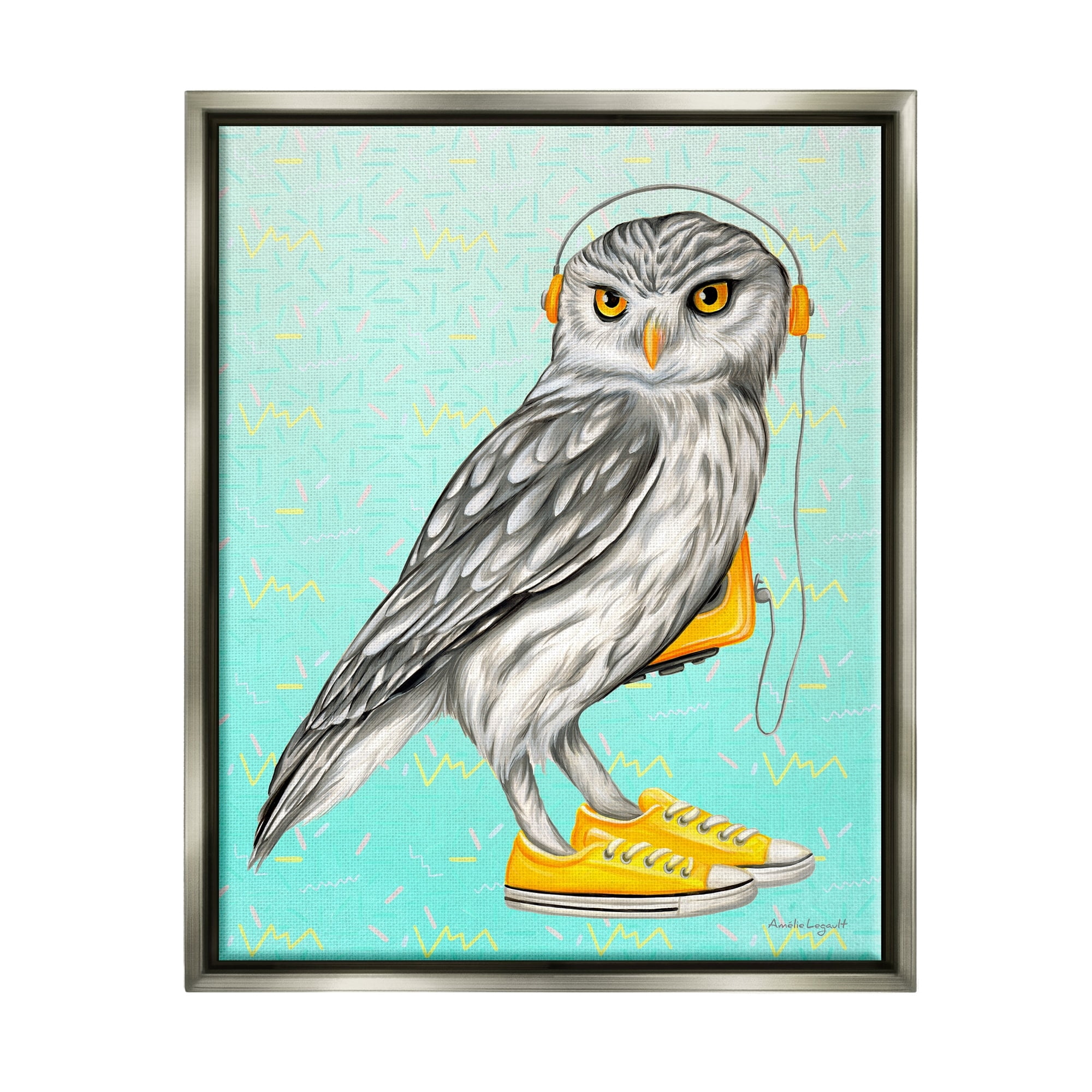 Stupell Industries Owl Wearing Yellow Sneakers Headphones Retro Pattern Graphic Art Luster Gray Floating Framed Canvas Print Wall Art, Design by Amelie Legault