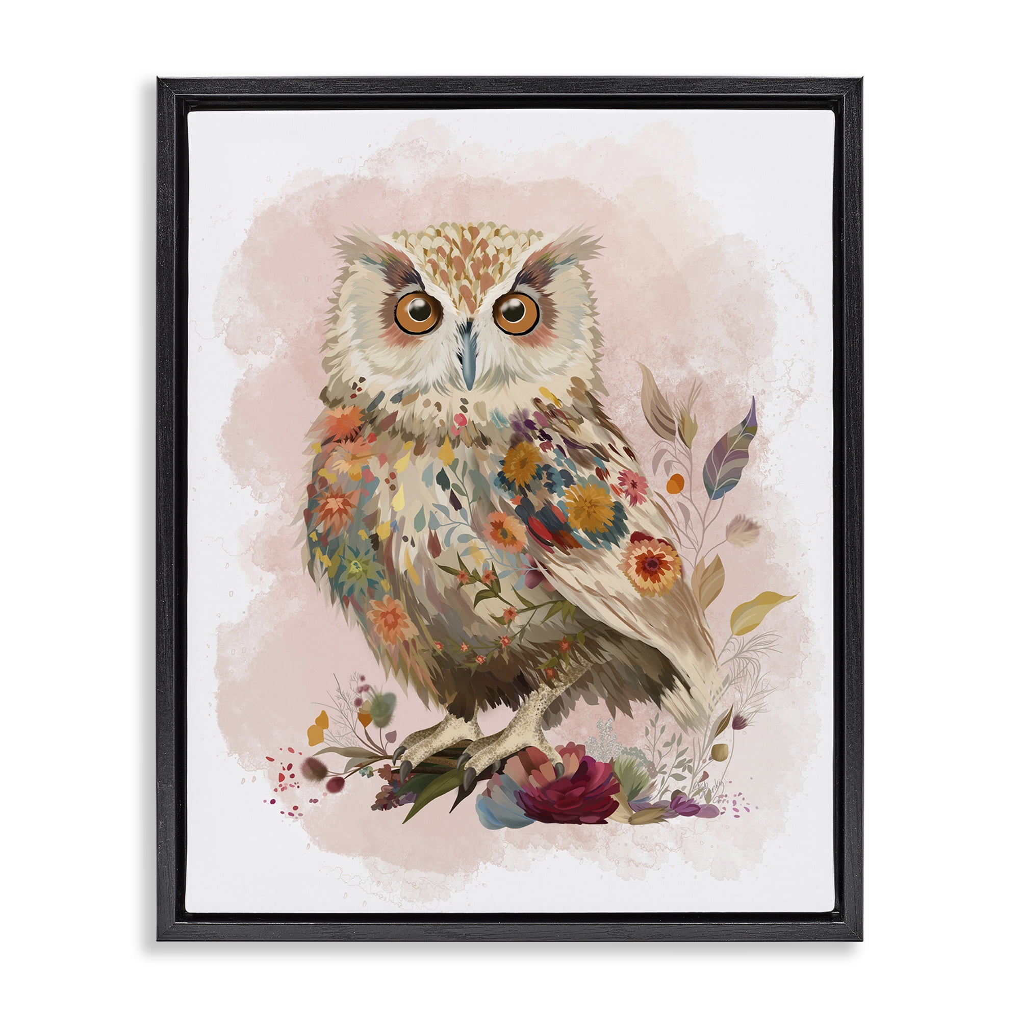 Stupell Industries Owl & Wild Blooms Animals & Insects Painting Black Floater Framed Canvas Art Print Wall Art, 25 x 31