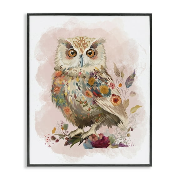 Stupell Industries Owl & Wild Blooms Animals & Insects Painting Black Framed Art Print Wall Art, 11 x 14