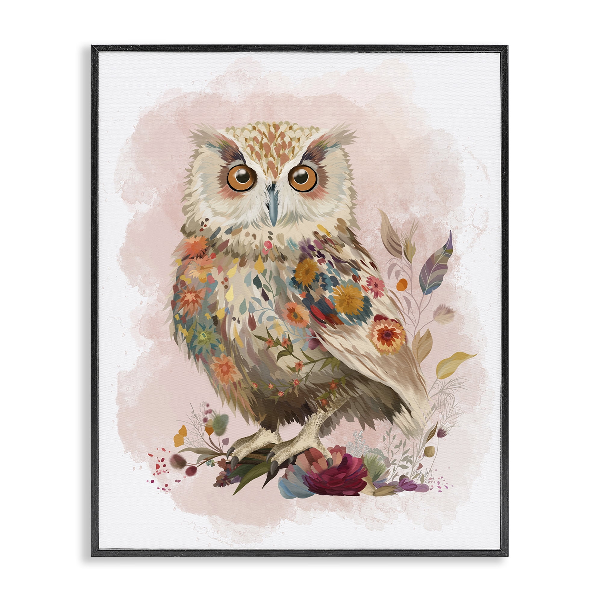 Stupell Industries Owl & Wild Blooms Animals & Insects Painting Black Framed Art Print Wall Art, 16 x 20
