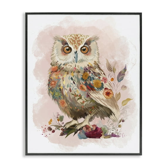 Stupell Industries Owl & Wild Blooms Animals & Insects Painting Black Framed Art Print Wall Art, 24 x 30