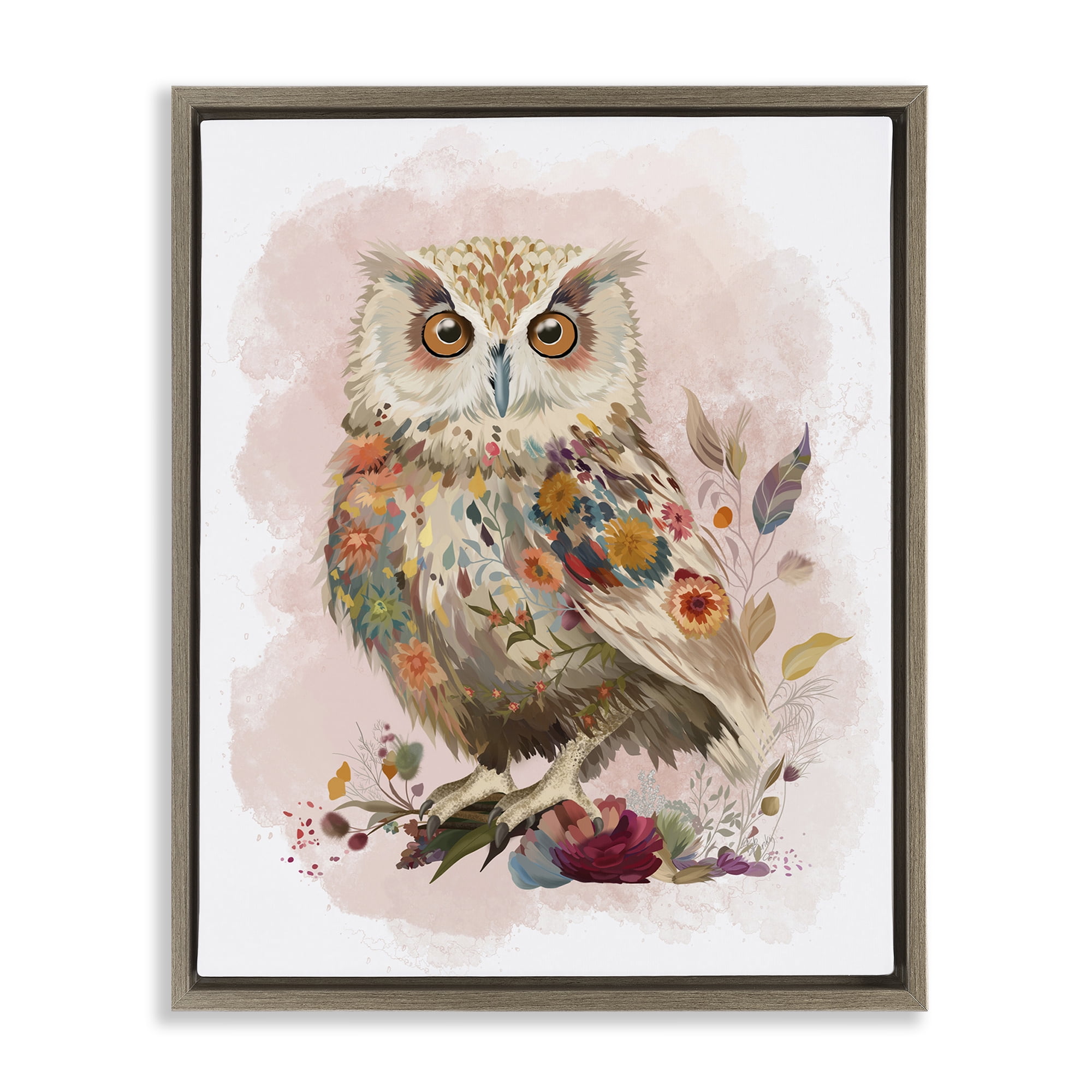 Stupell Industries Owl & Wild Blooms Animals & Insects Painting Brown Floater Framed Canvas Art Print Wall Art, 17 x 21