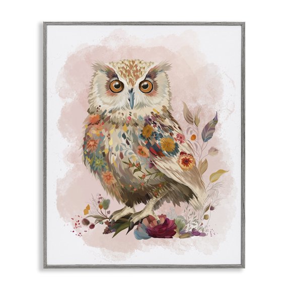 Stupell Industries Owl & Wild Blooms Animals & Insects Painting Gray Framed Art Print Wall Art, 11 x 14