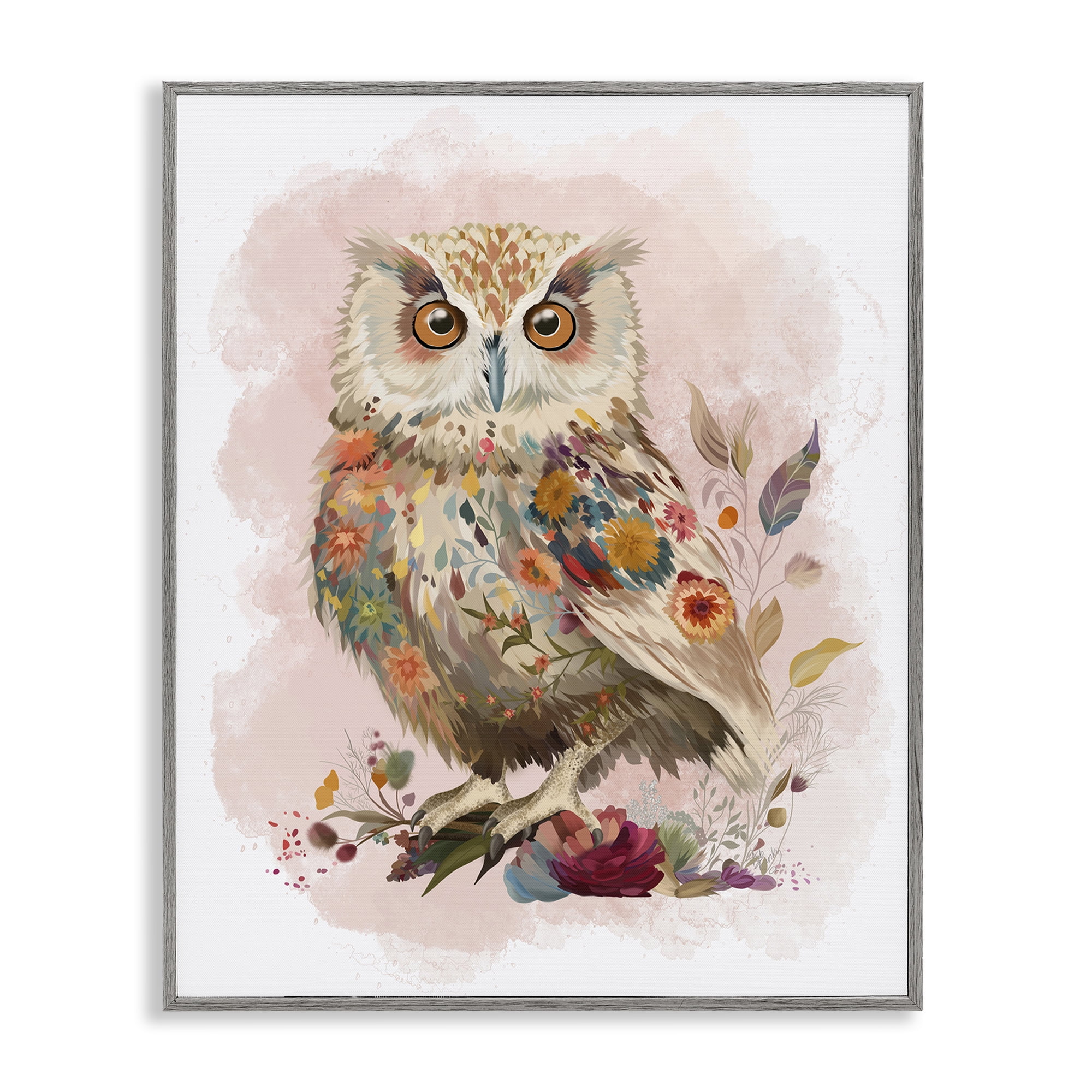 Stupell Industries Owl & Wild Blooms Animals & Insects Painting Gray Framed Art Print Wall Art, 16 x 20