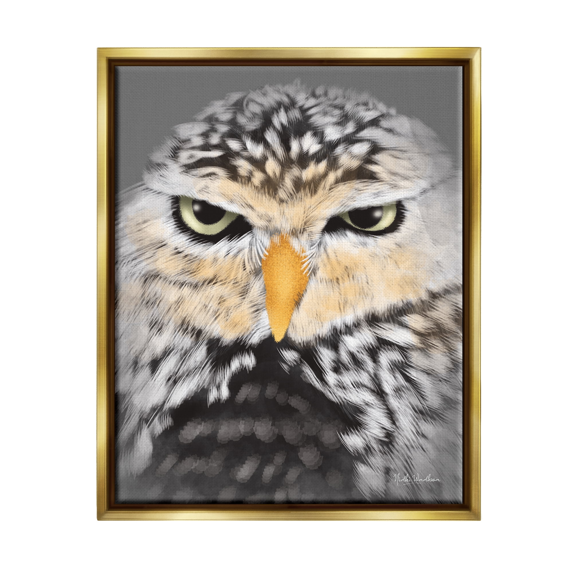 Stupell Industries Owl Wildlife Portrait Animals & Insects Painting Gold Floater Framed Art Print Wall Art, 17 x 21