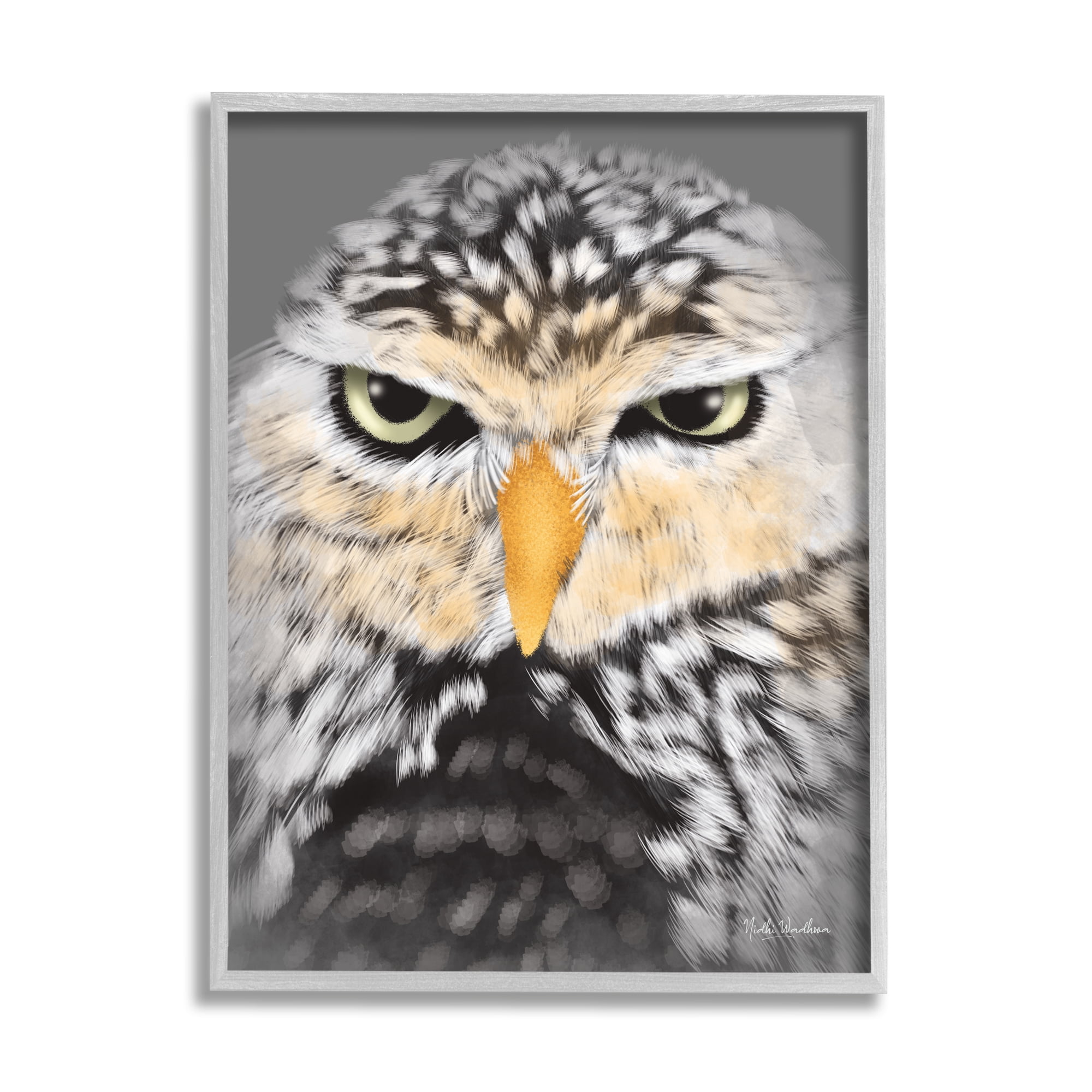 Stupell Industries Owl Wildlife Portrait Animals & Insects Painting Gray Framed Art Print Wall Art, 24 x 30