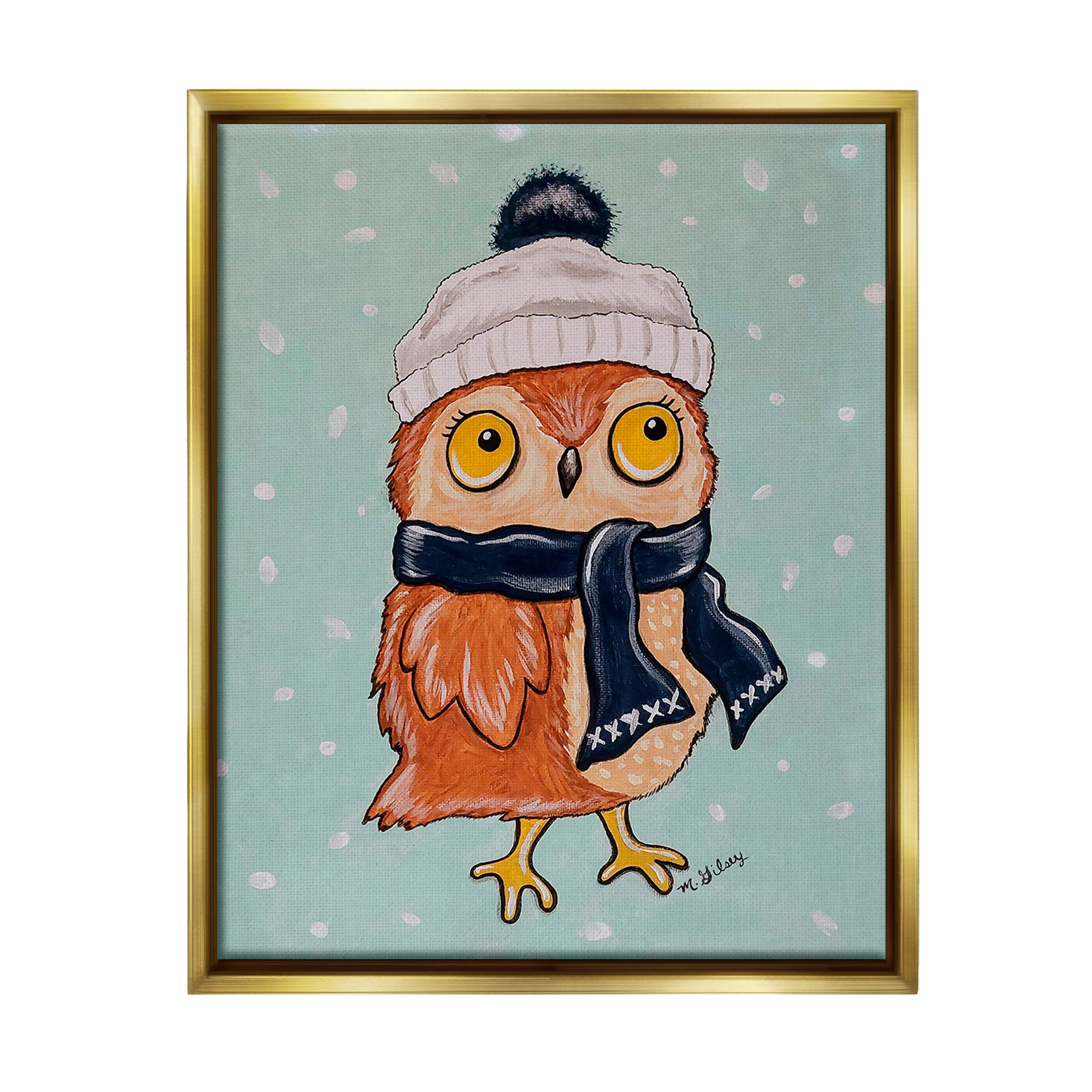 Stupell Industries Owl & Winter Scarf Animals & Insects Painting Gold Floater Framed Canvas Art Print Wall Art, 25 x 31
