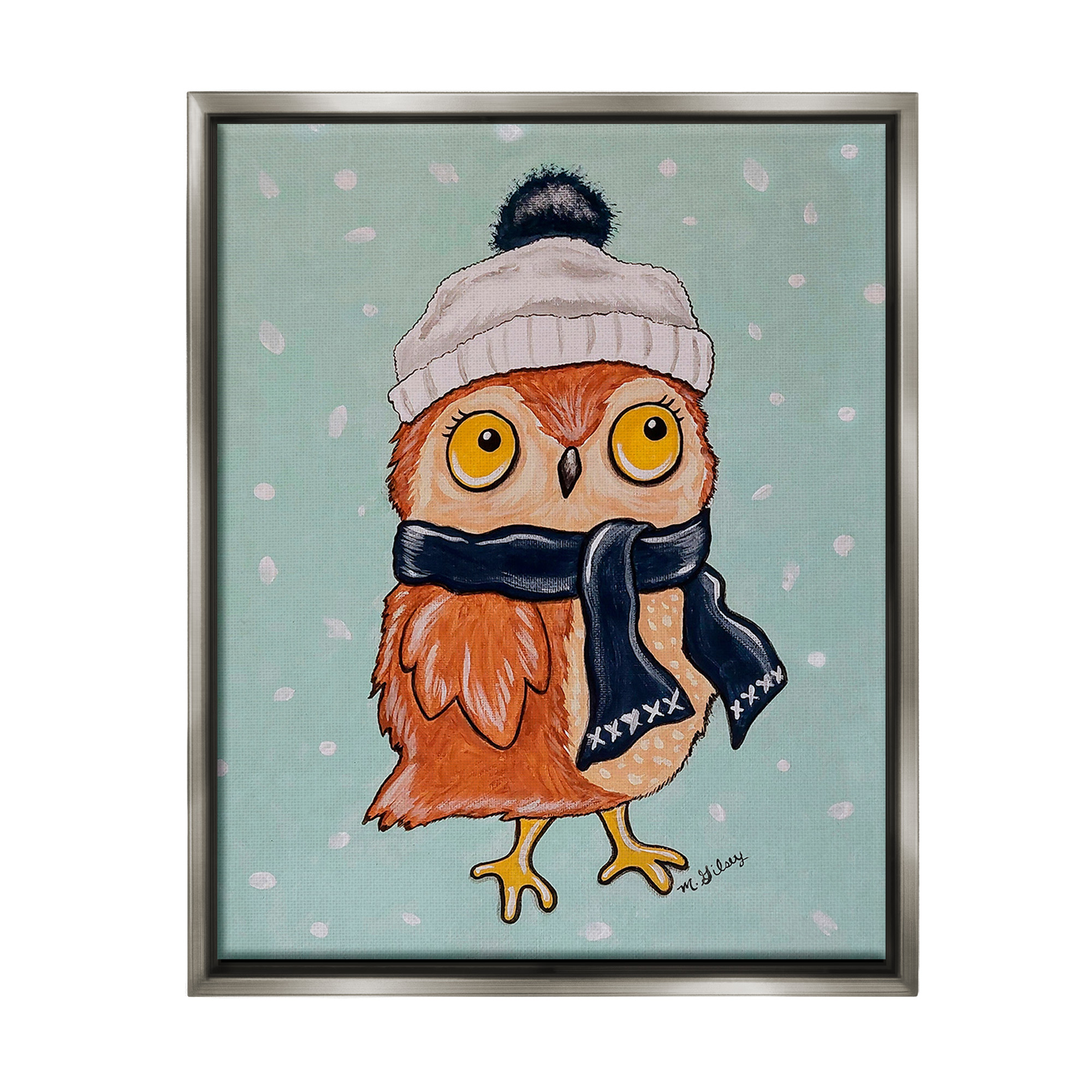 Stupell Industries Owl & Winter Scarf Animals & Insects Painting Gray Floater Framed Canvas Art Print Wall Art, 25 x 31