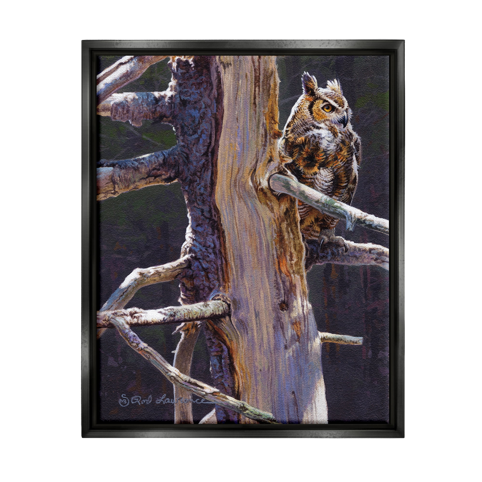 Stupell Industries Owl in Rustic Tree Animals & Insects Painting Black Floater Framed Canvas Art Print Wall Art, 25 x 31