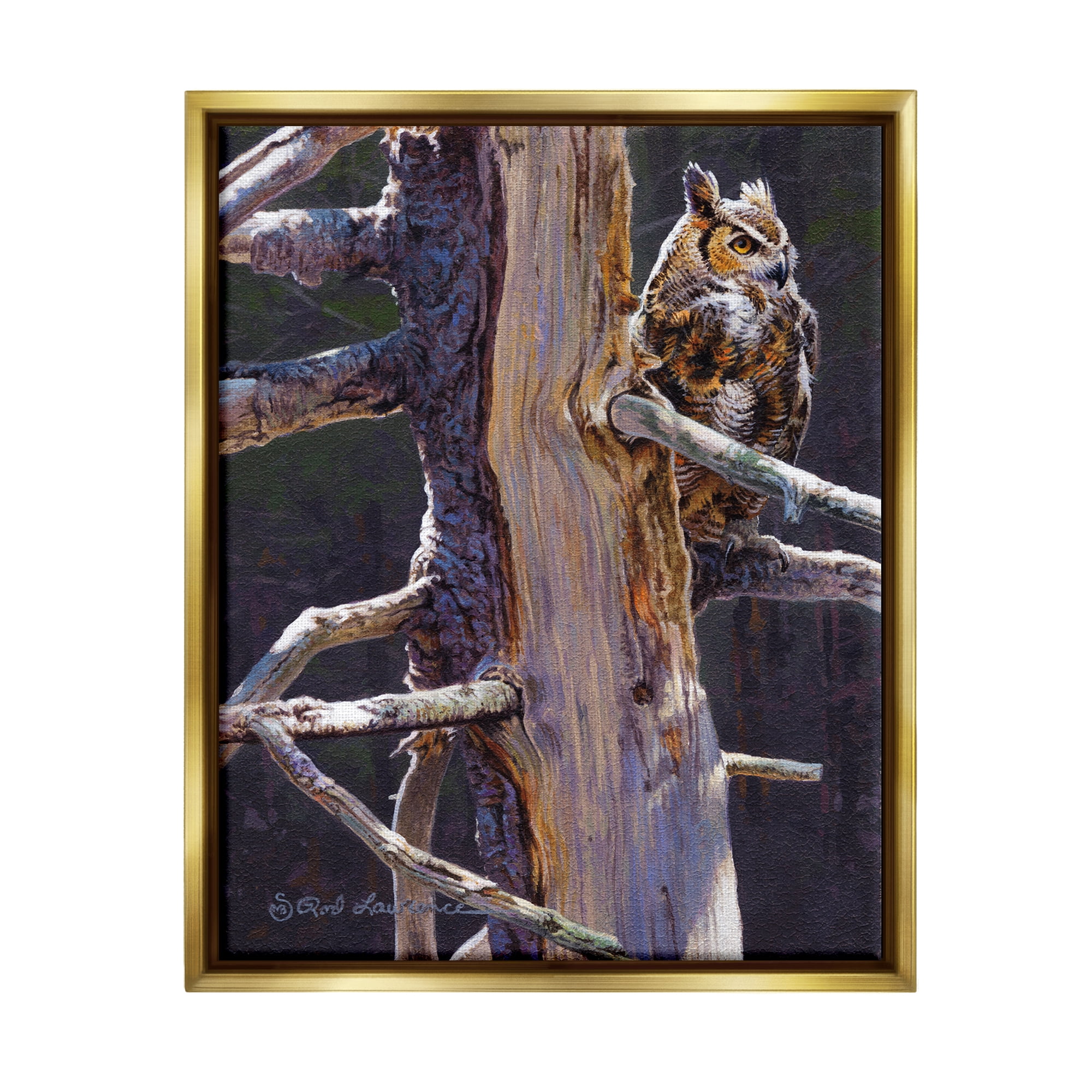 Stupell Industries Owl in Rustic Tree Animals & Insects Painting Gold Floater Framed Canvas Art Print Wall Art, 25 x 31
