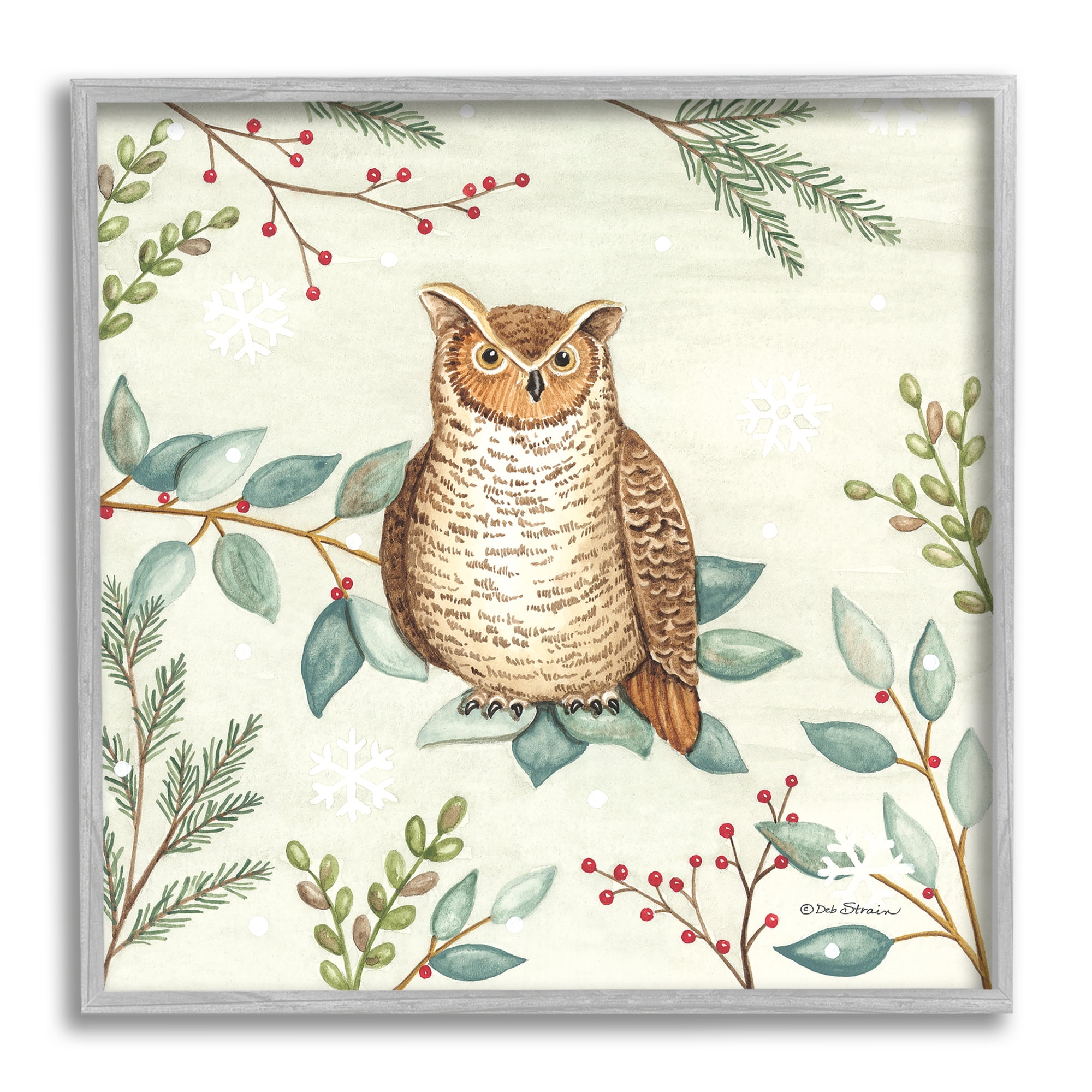 Stupell Industries Owl in Woodland Winter Holiday Painting Gray Framed Art Print Wall Art, 12 x 12
