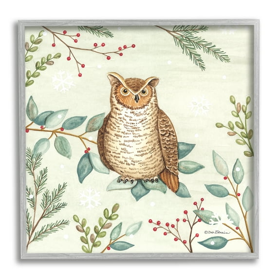 Stupell Industries Owl in Woodland Winter Holiday Painting Gray Framed Art Print Wall Art, 24 x 24