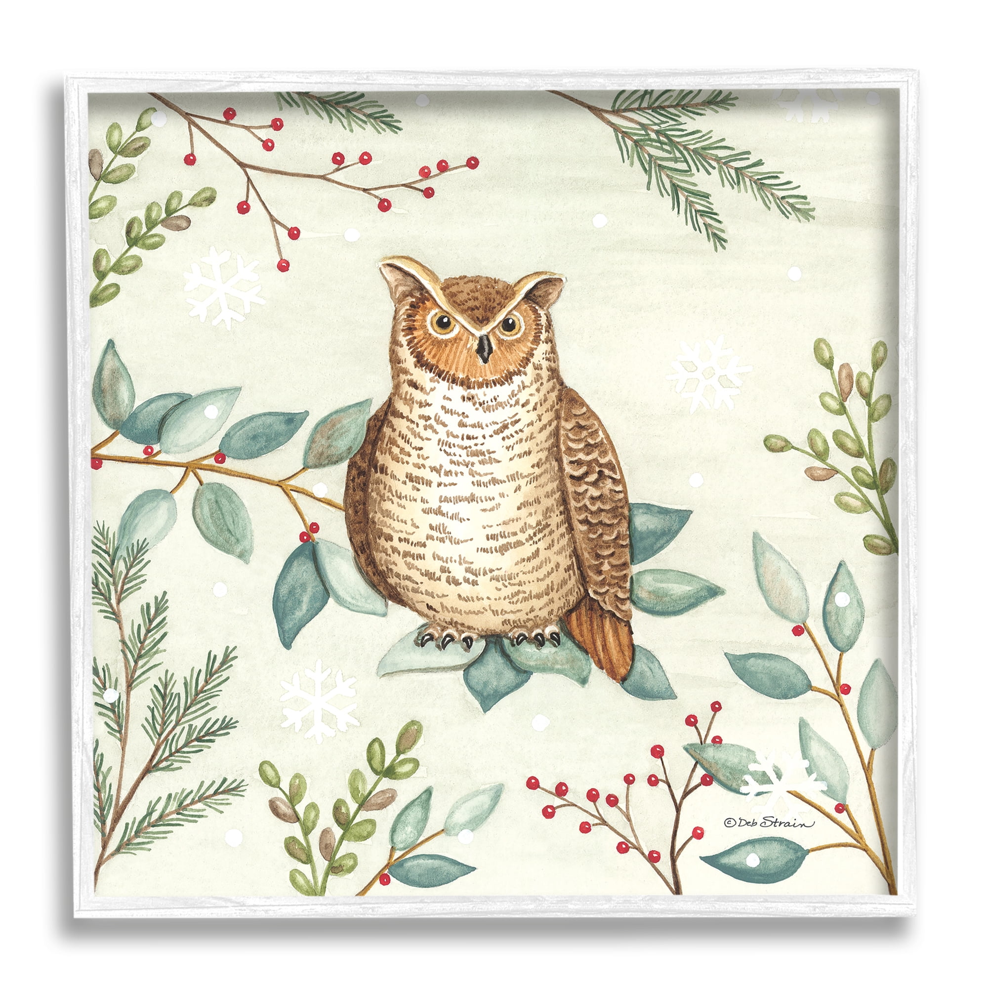 Stupell Industries Owl in Woodland Winter Holiday Painting White Framed Art Print Wall Art, 12 x 12