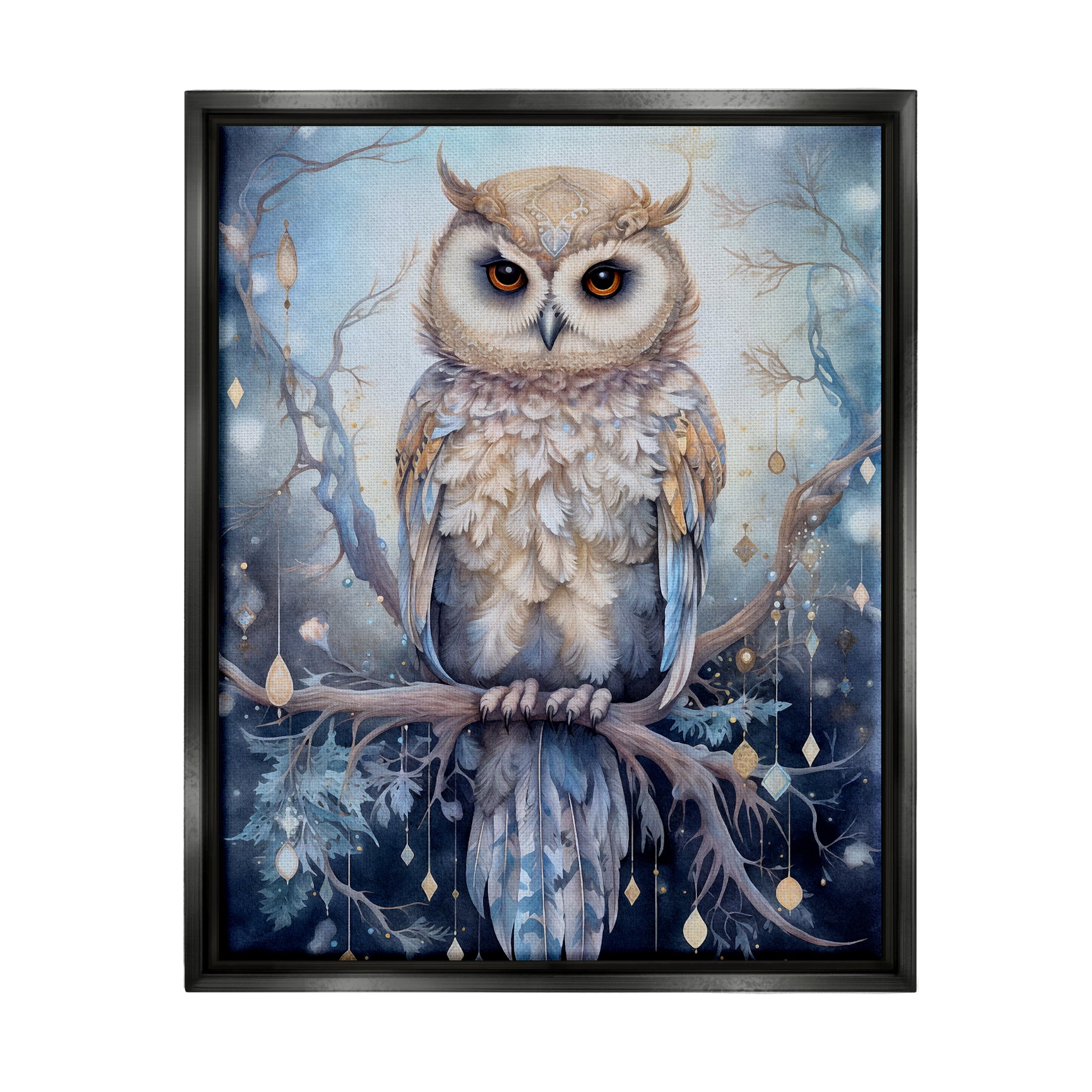 Stupell Industries Owl on Twinkling Branch Animals & Insects Painting Black Floater Framed Canvas Art Print Wall Art, 25 x 31