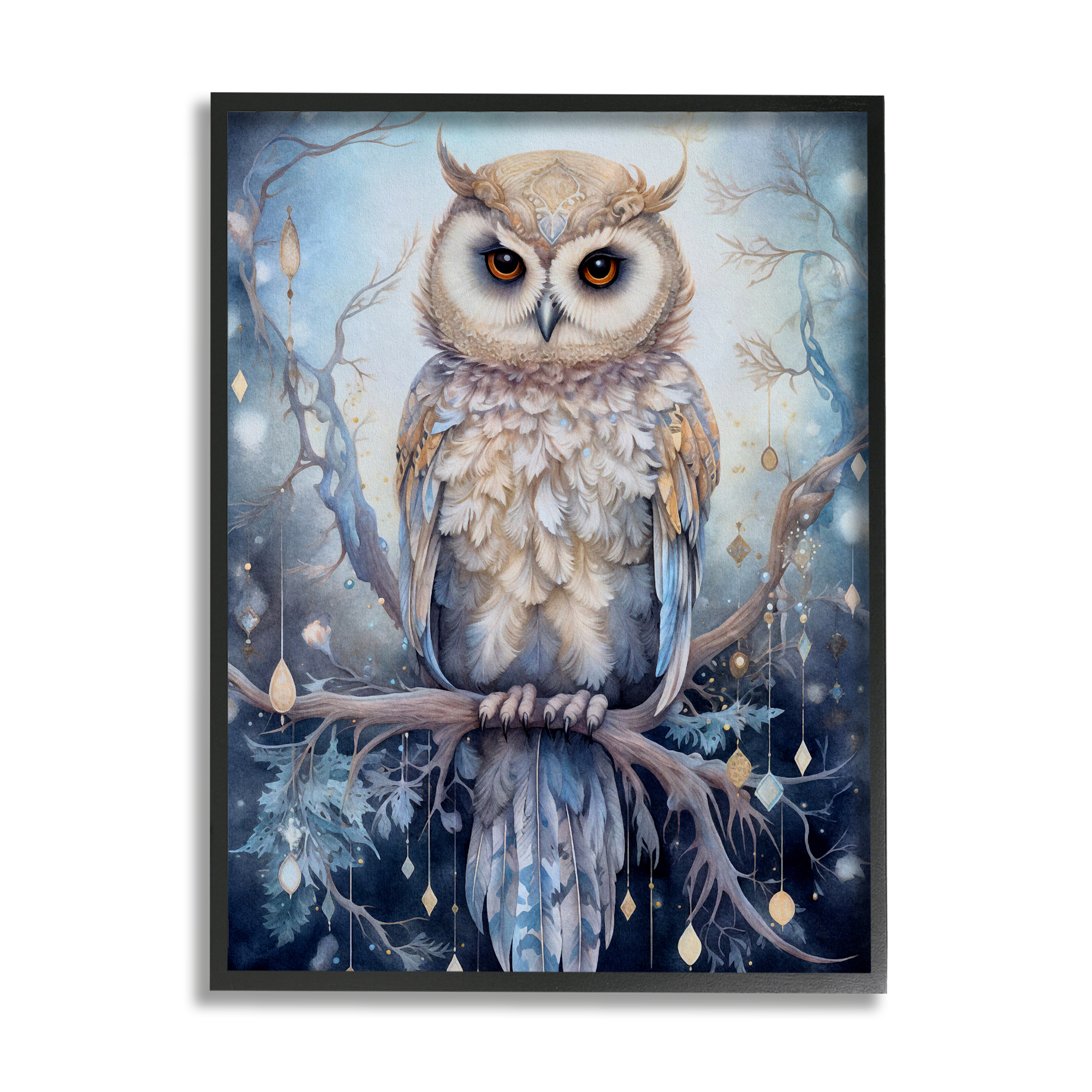 Stupell Industries Owl on Twinkling Branch Animals & Insects Painting Black Framed Art Print Wall Art, 16 x 20