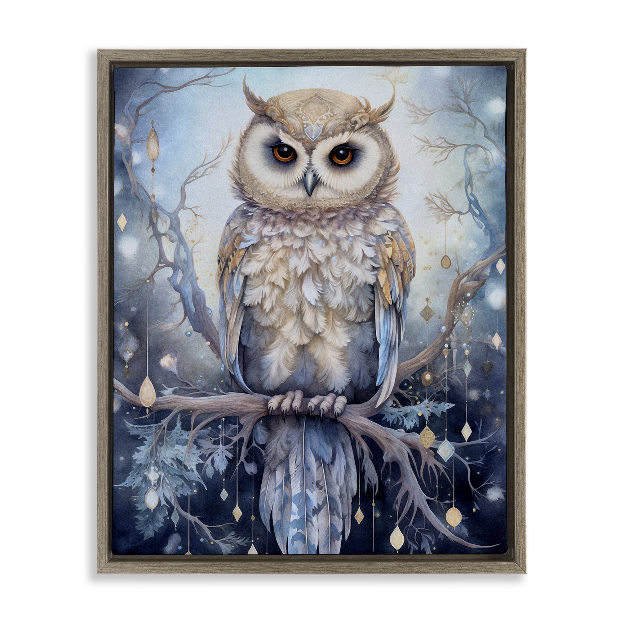 Stupell Industries Owl on Twinkling Branch Animals & Insects Painting Brown Floater Framed Canvas Art Print Wall Art, 17 x 21