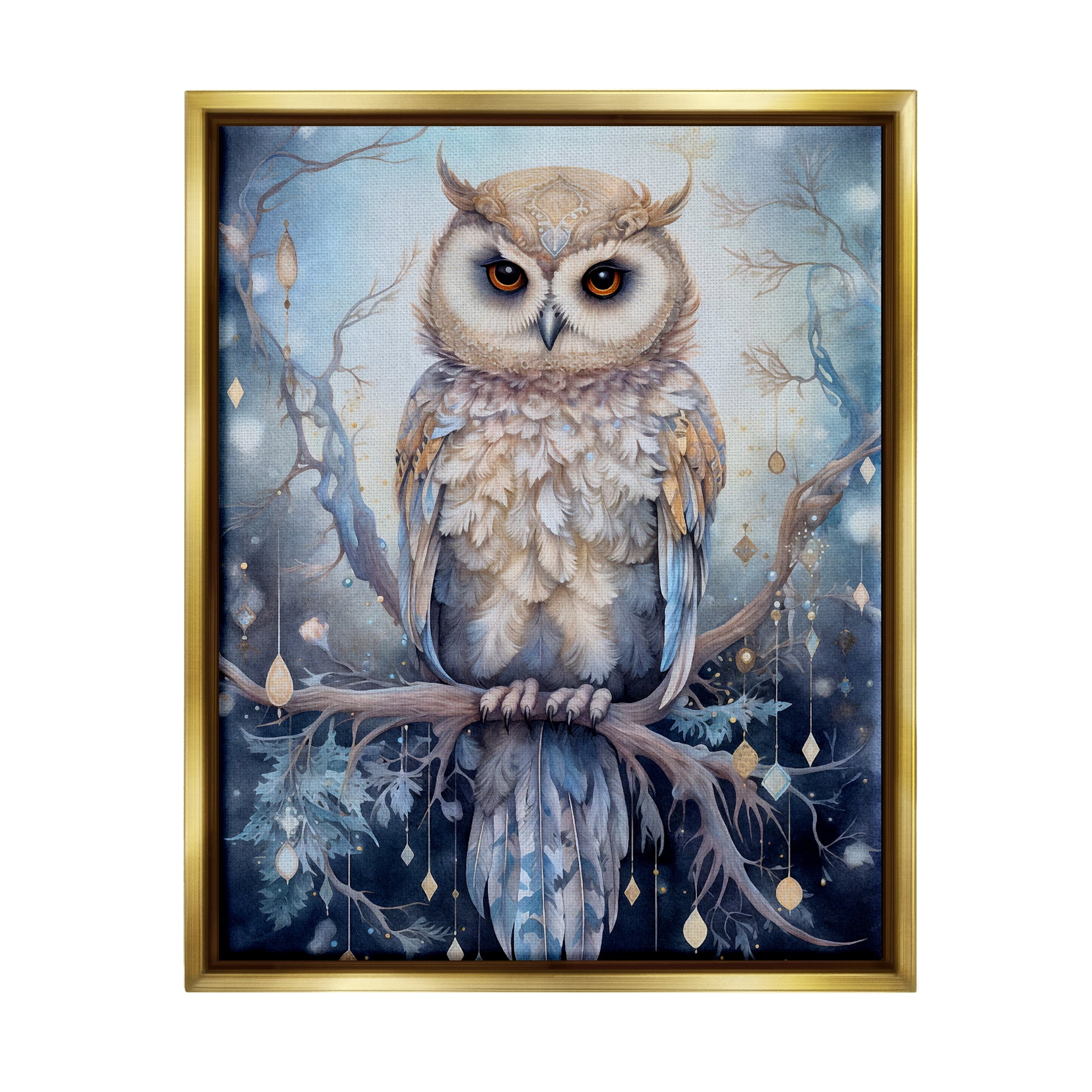 Stupell Industries Owl on Twinkling Branch Animals & Insects Painting Gold Floater Framed Canvas Art Print Wall Art, 25 x 31