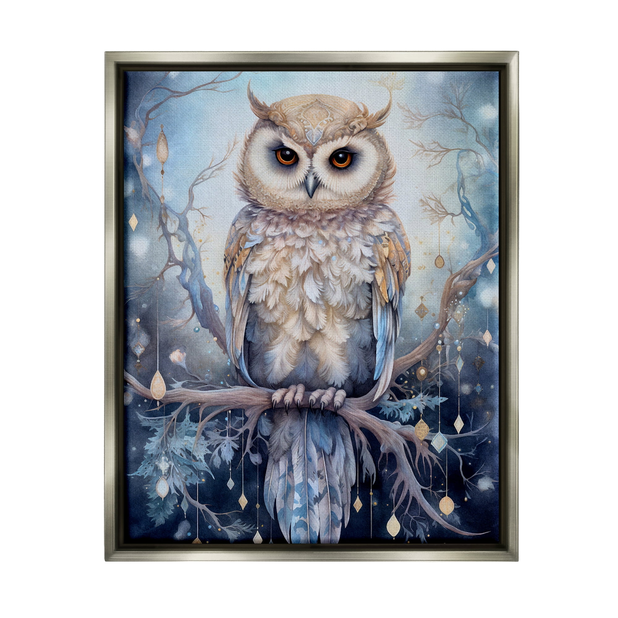 Stupell Industries Owl on Twinkling Branch Animals & Insects Painting Gray Floater Framed Canvas Art Print Wall Art, 17 x 21