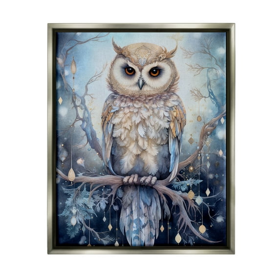Stupell Industries Owl on Twinkling Branch Animals & Insects Painting Gray Floater Framed Canvas Art Print Wall Art, 25 x 31