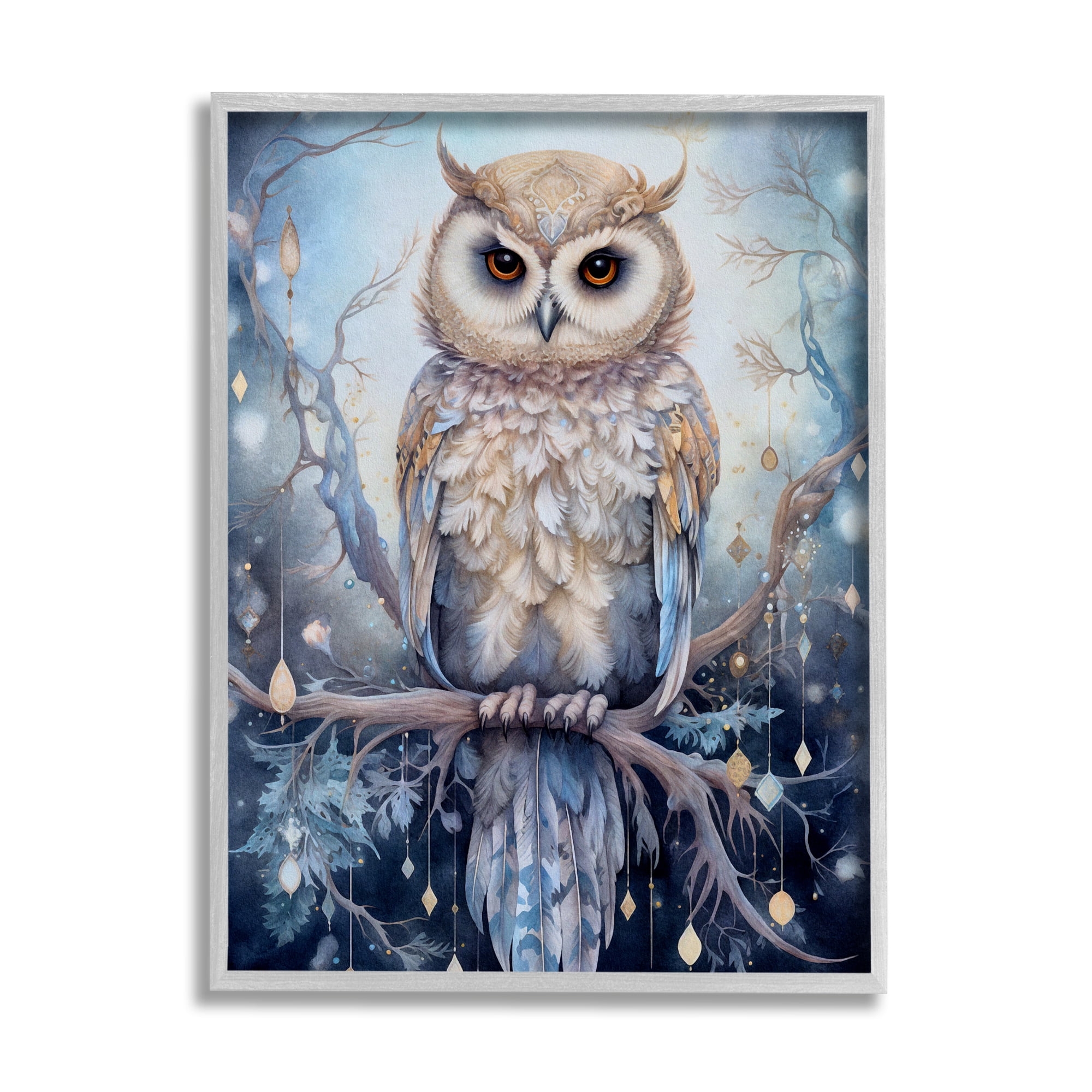 Stupell Industries Owl on Twinkling Branch Animals & Insects Painting Gray Framed Art Print Wall Art, 11 x 14