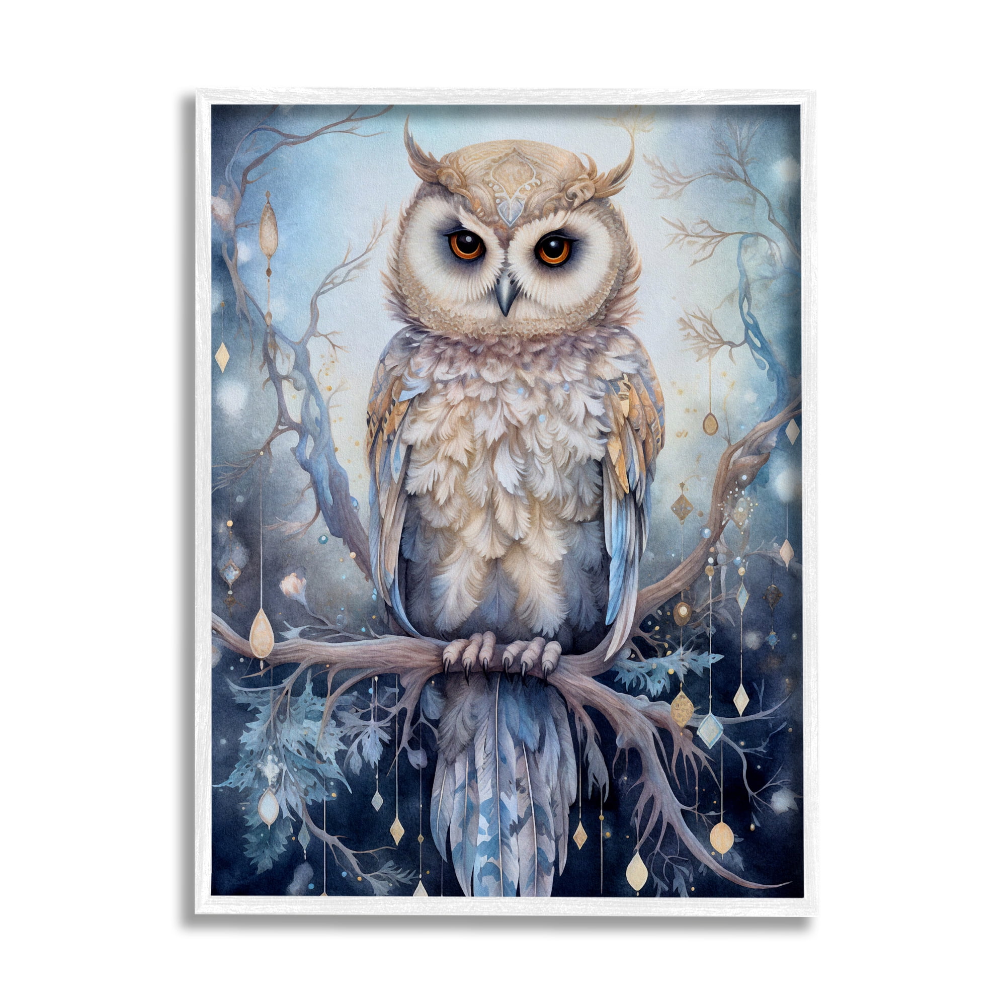 Stupell Industries Owl on Twinkling Branch Animals & Insects Painting White Framed Art Print Wall Art, 16 x 20
