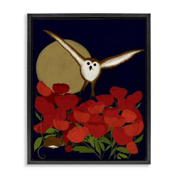Stupell Industries Owl over Poppy Field Animals Painting Black Floater Framed Canvas Art Print Wall Art, 17 x 21