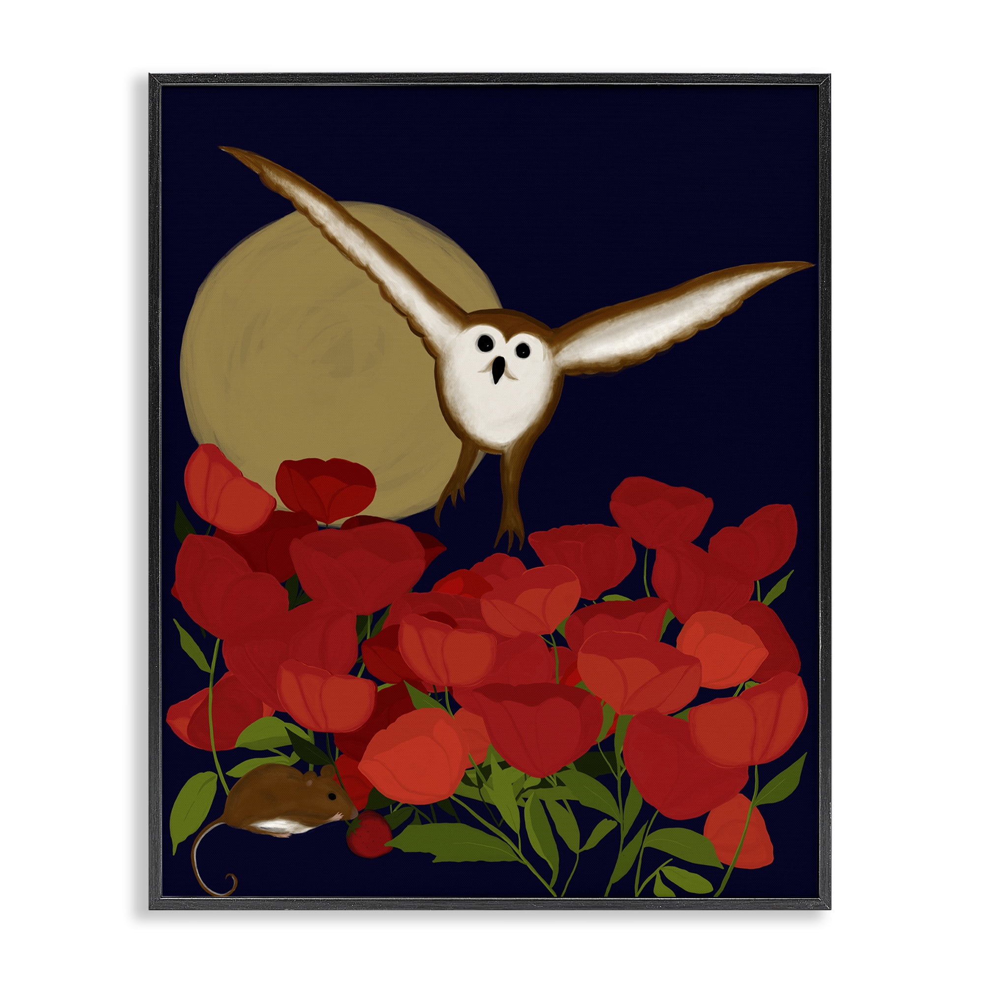 Stupell Industries Owl over Poppy Field Animals Painting Black Framed Art Print Wall Art, 11 x 14